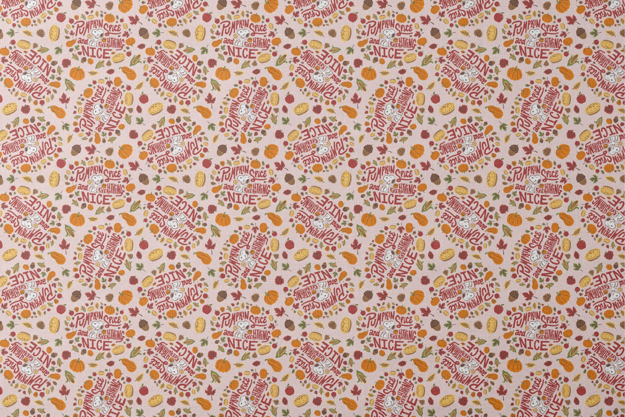 Fall Peanuts pattern with pumpkin spice phrases, autumn leaves, pumpkins, pine cones and Snoopy characters on a beige background designs flat mockup