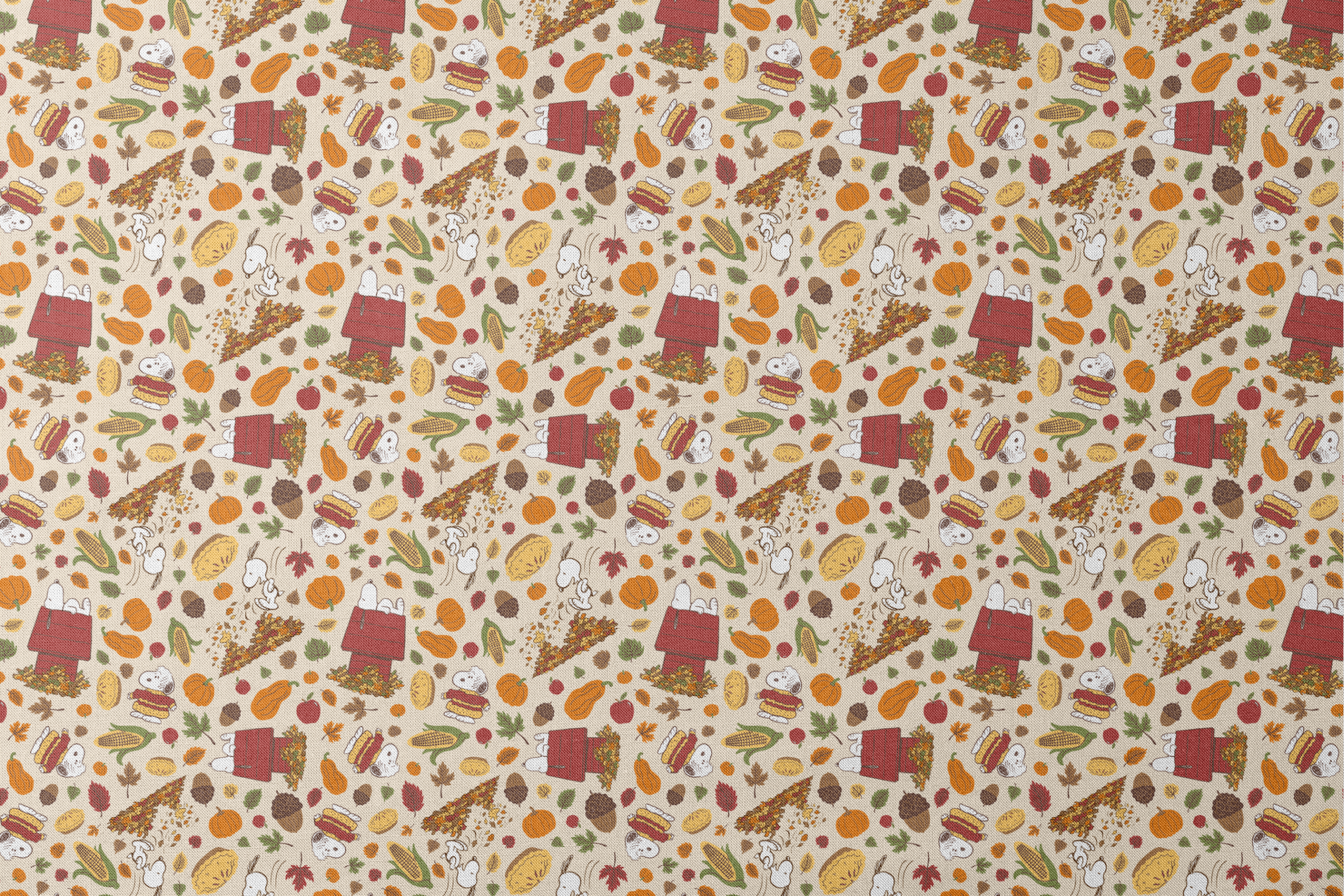 Fall themed pattern with Snoopy, red doghouses, pumpkins, corn, sandwiches, and autumn leaves on cream background designs flat mockup