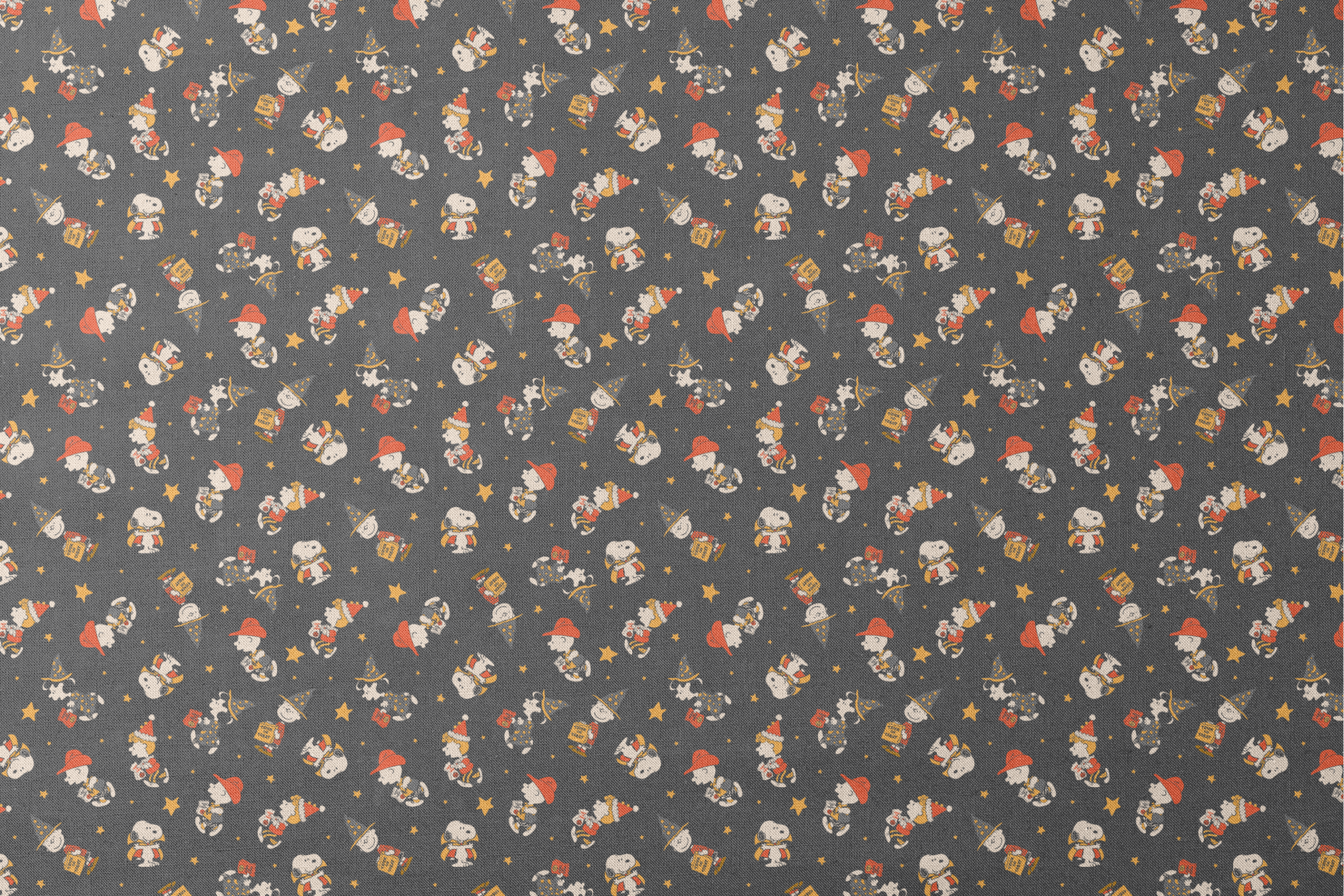 Snoopy cartoon pattern on dark gray background with characters in Halloween costumes and golden stars designs flat mockup