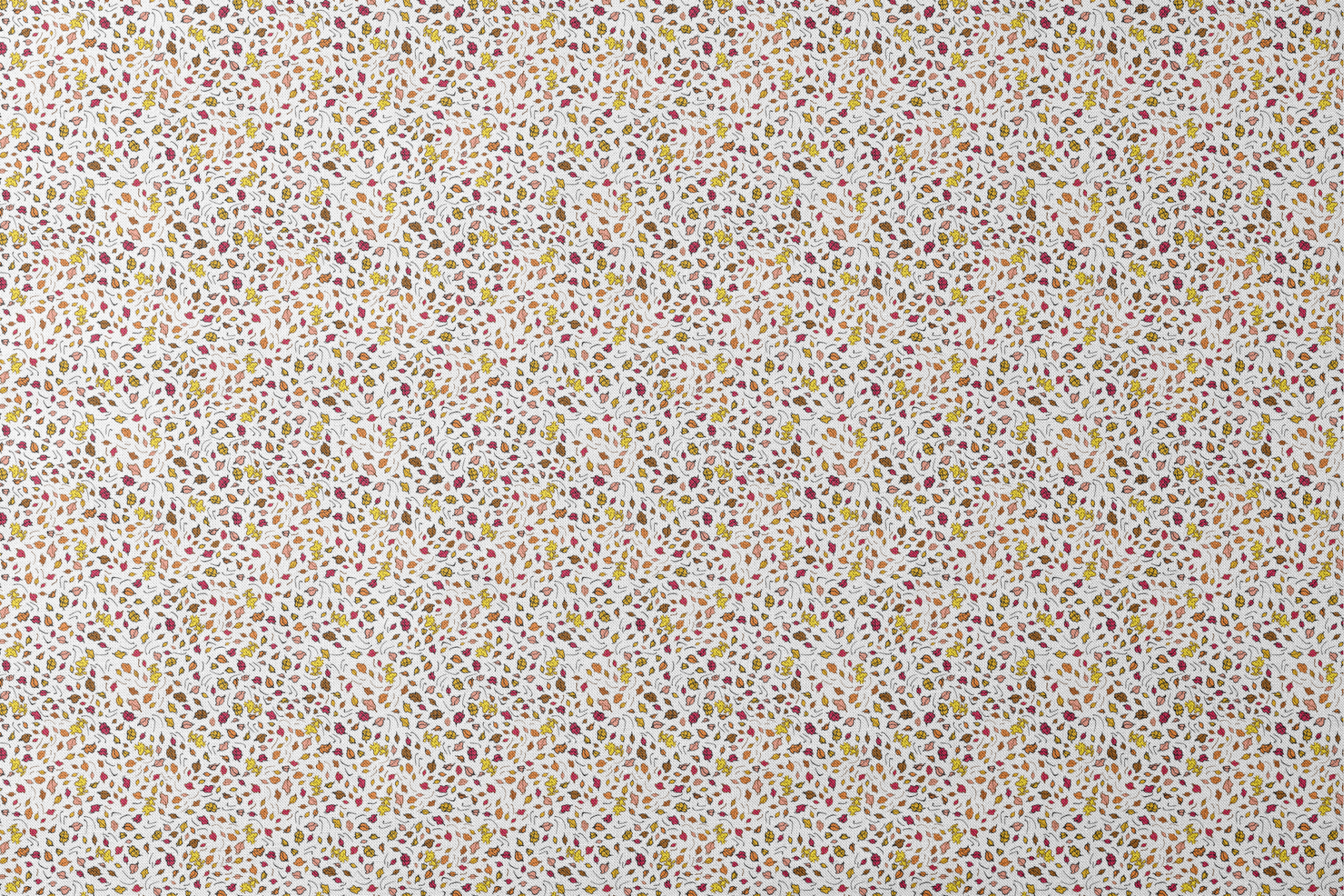 Colorful Peanuts autumn leaves pattern with Woodstock and yellow, red, and brown foliage scattered on white background designs flat mockup