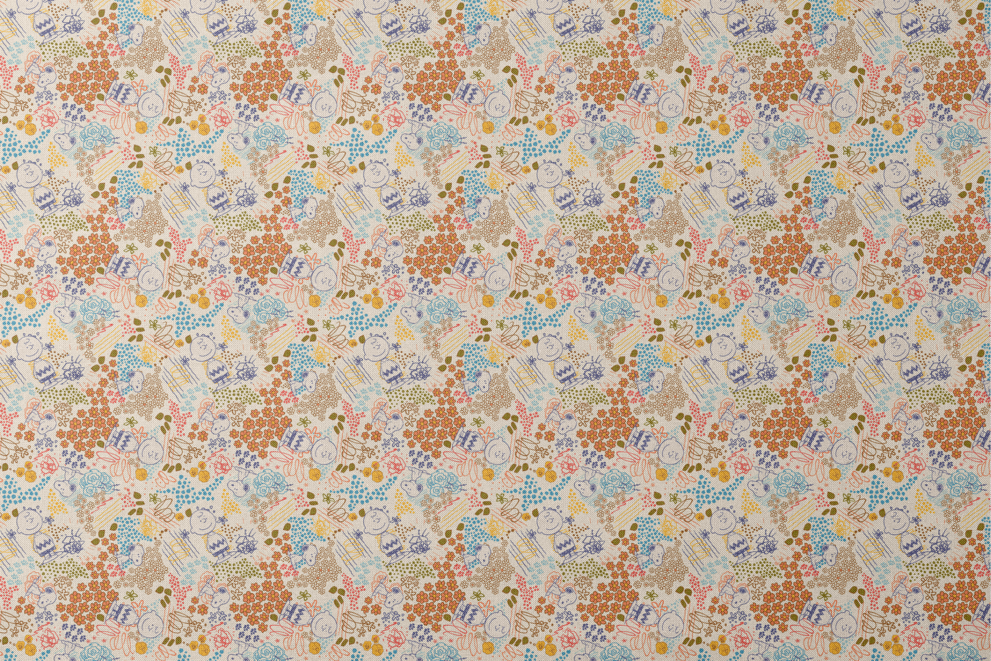 Colorful pattern with Peanuts characters sketches, floral designs, and dots in orange, blue, yellow, and green on a cream background designs flat mockup