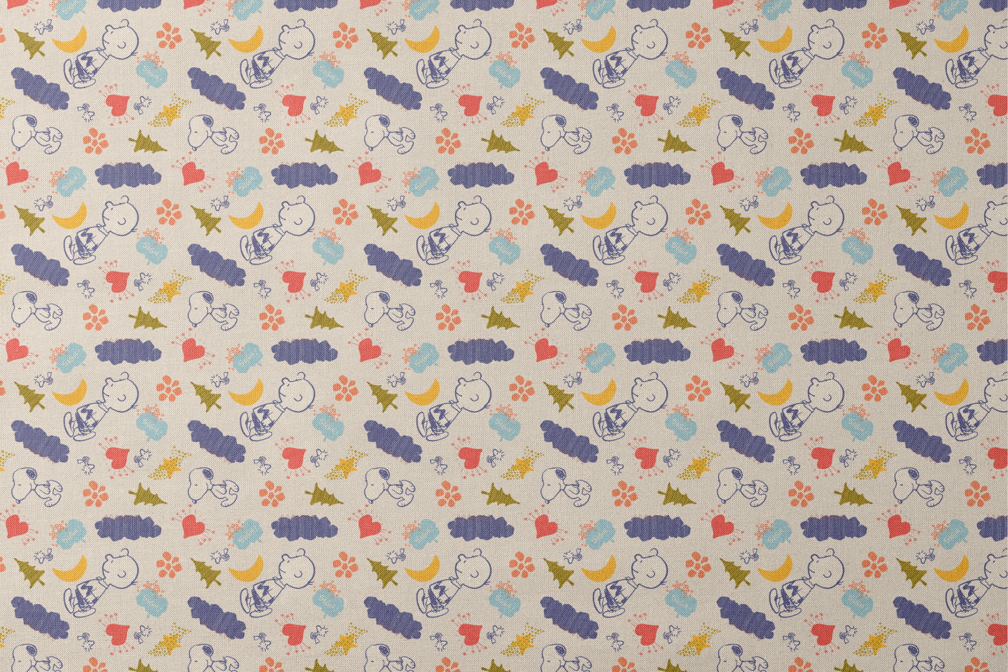 Whimsical Peanuts pattern with trees, clouds, moon, and birds in blue, red, green, and yellow on cream background. designs flat mockup