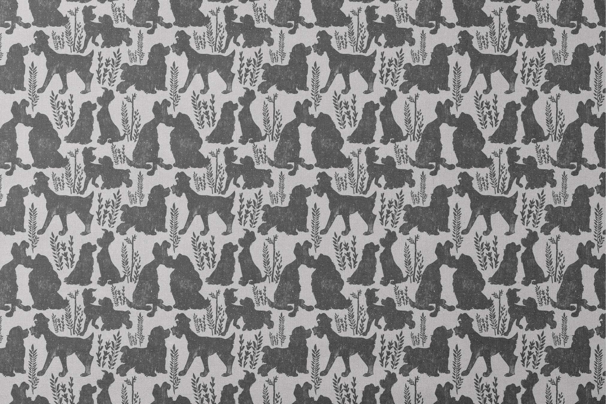 Repeating pattern of black dog silhouettes with decorative plant motifs on a light gray background designs flat mockup