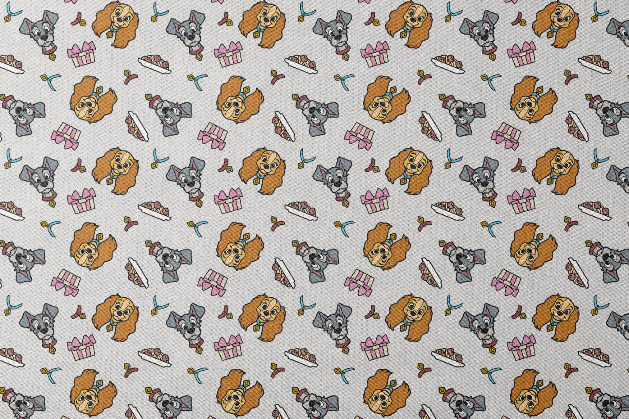 Cartoon pattern featuring Lady and Tramp dogs, gift boxes, bones, and ribbons on light gray background designs flat mockup