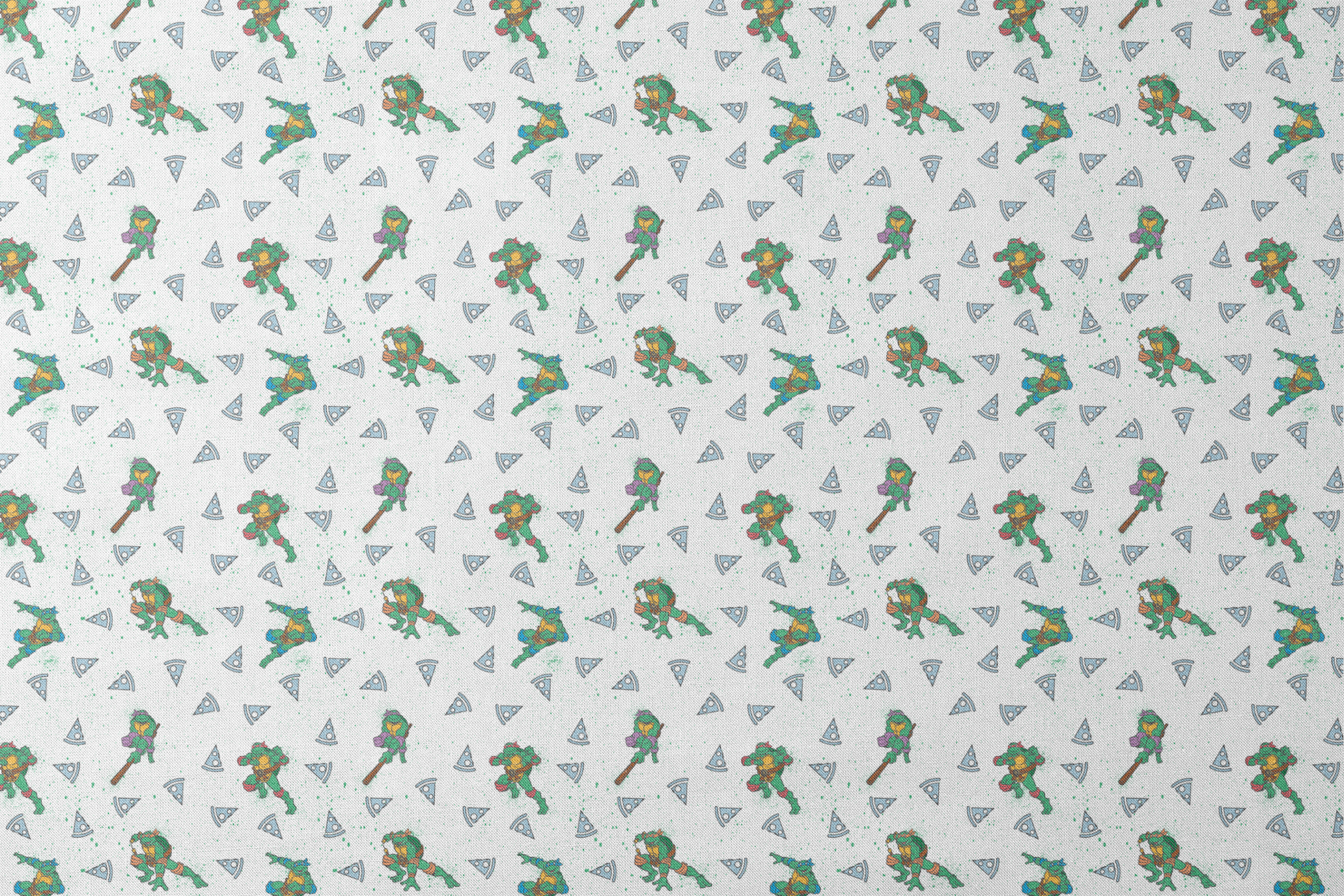 Teenage Mutant Ninja Turtles in action poses scattered among pizza slices on white speckled background designs flat mockup