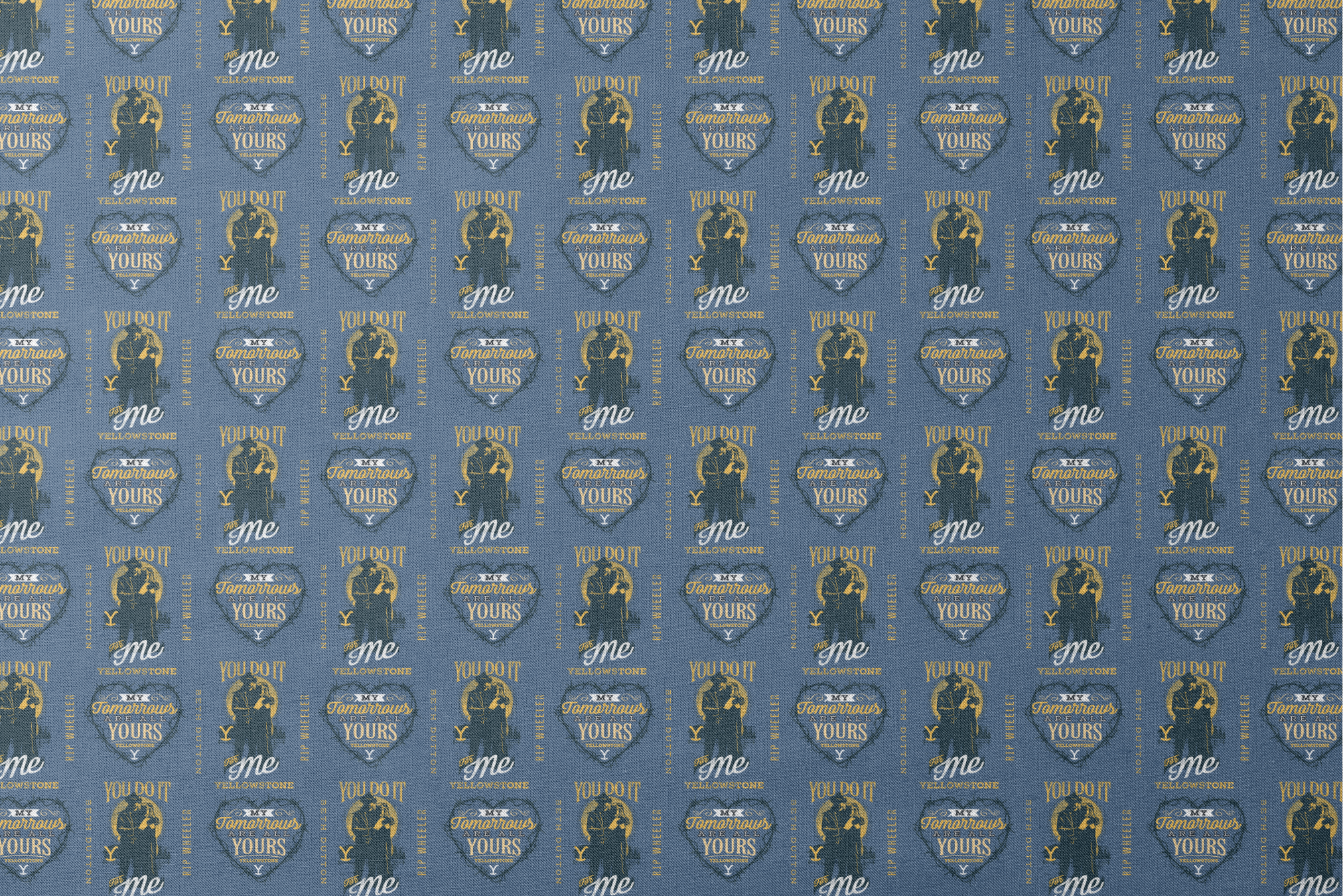 Denim blue fabric with Beth and Rip silhouettes, romantic Yellowstone quotes, and Western-style lettering in mustard and white. designs flat mockup