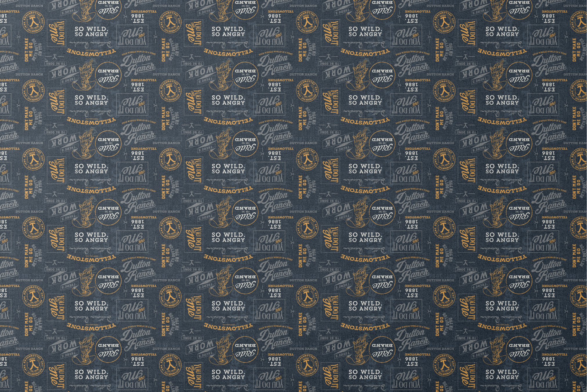 Yellowstone patch design with distressed western typography and quotes in gold and ivory on a black background. designs flat mockup