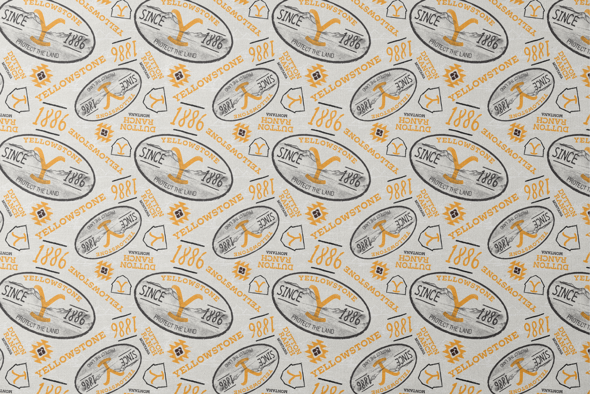 Yellowstone-themed design with black and gold badge graphics, “Protect the Land” text, and Dutton Ranch icons on a cream background. designs flat mockup