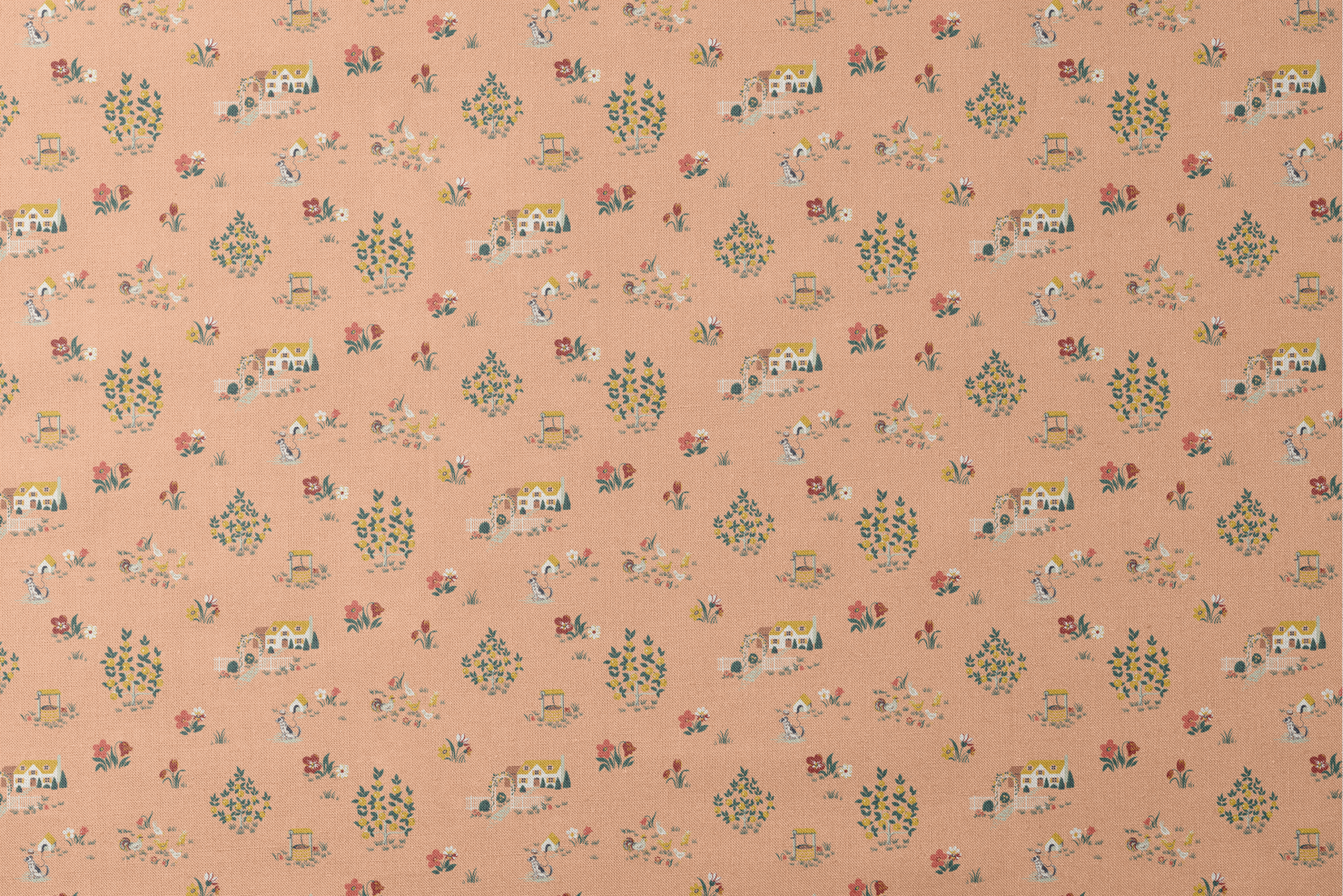 Vintage cottage scene design with houses, flowers, and animals on a peach background from the Springs Archive designs flat mockup