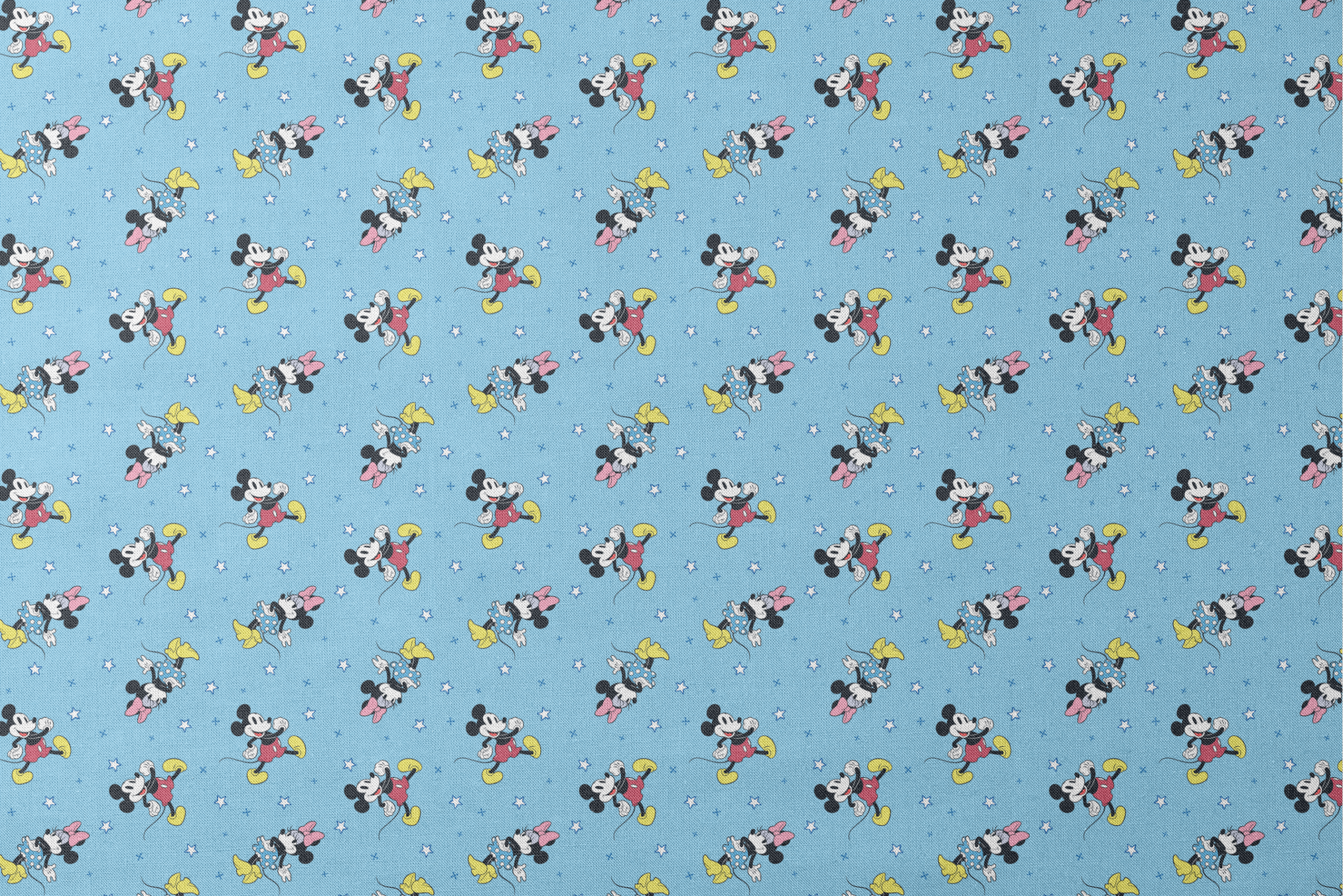 Disney Mickey Mouse and Minnie Mouse characters on light blue background with white stars, pattern design designs flat mockup