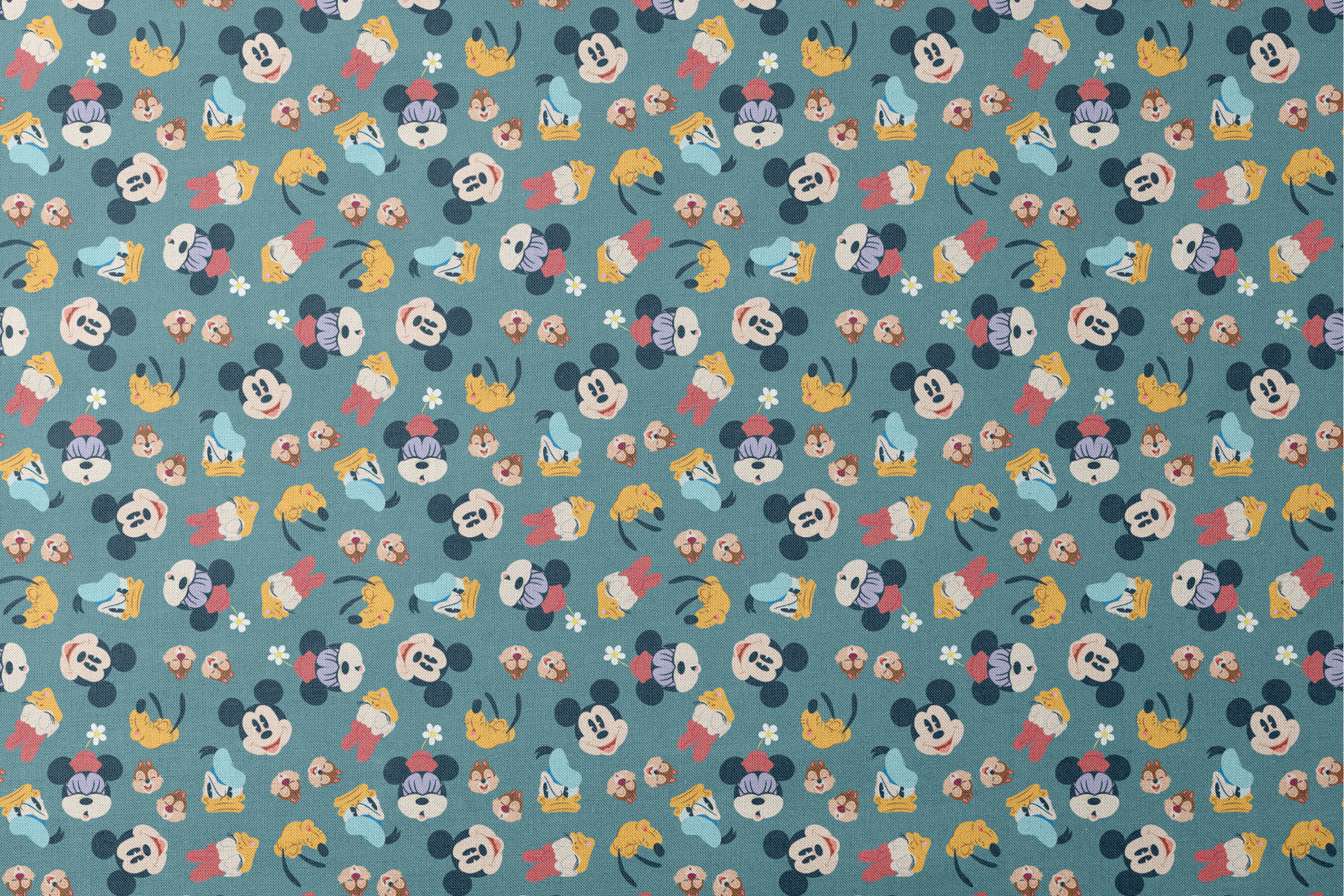 Disney cartoon characters pattern with Mickey Mouse, Donald Duck, and Pluto on teal background with small flowers designs flat mockup