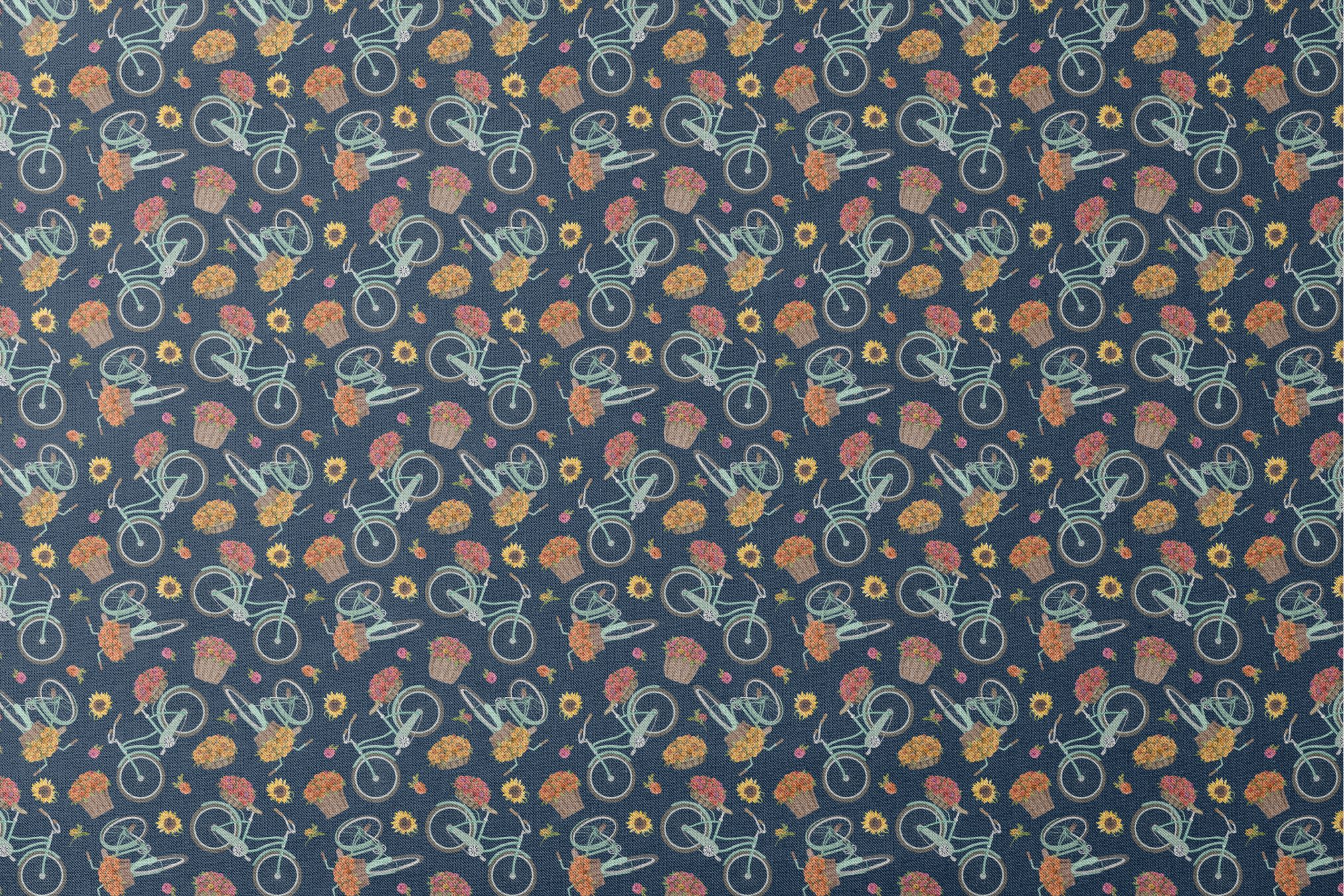 Teal vintage bikes with baskets of fall flowers on a navy background, inspired by cozy fall market scenes. designs flat mockup