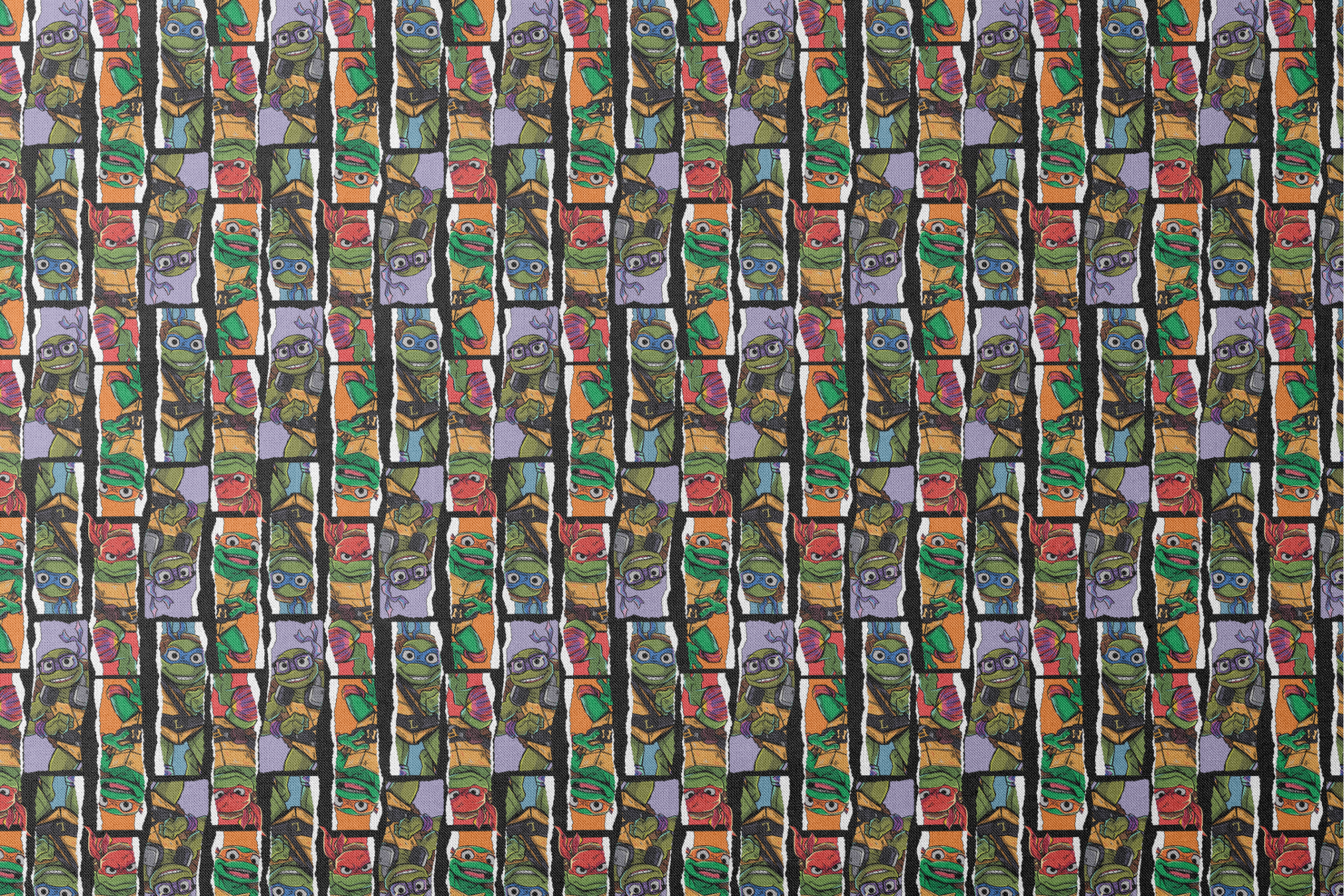 Teenage Mutant Ninja Turtles torn panel design with Leonardo, Donatello, Michelangelo, and Raphael in colorful comic-style art by Nickelodeon. designs flat mockup