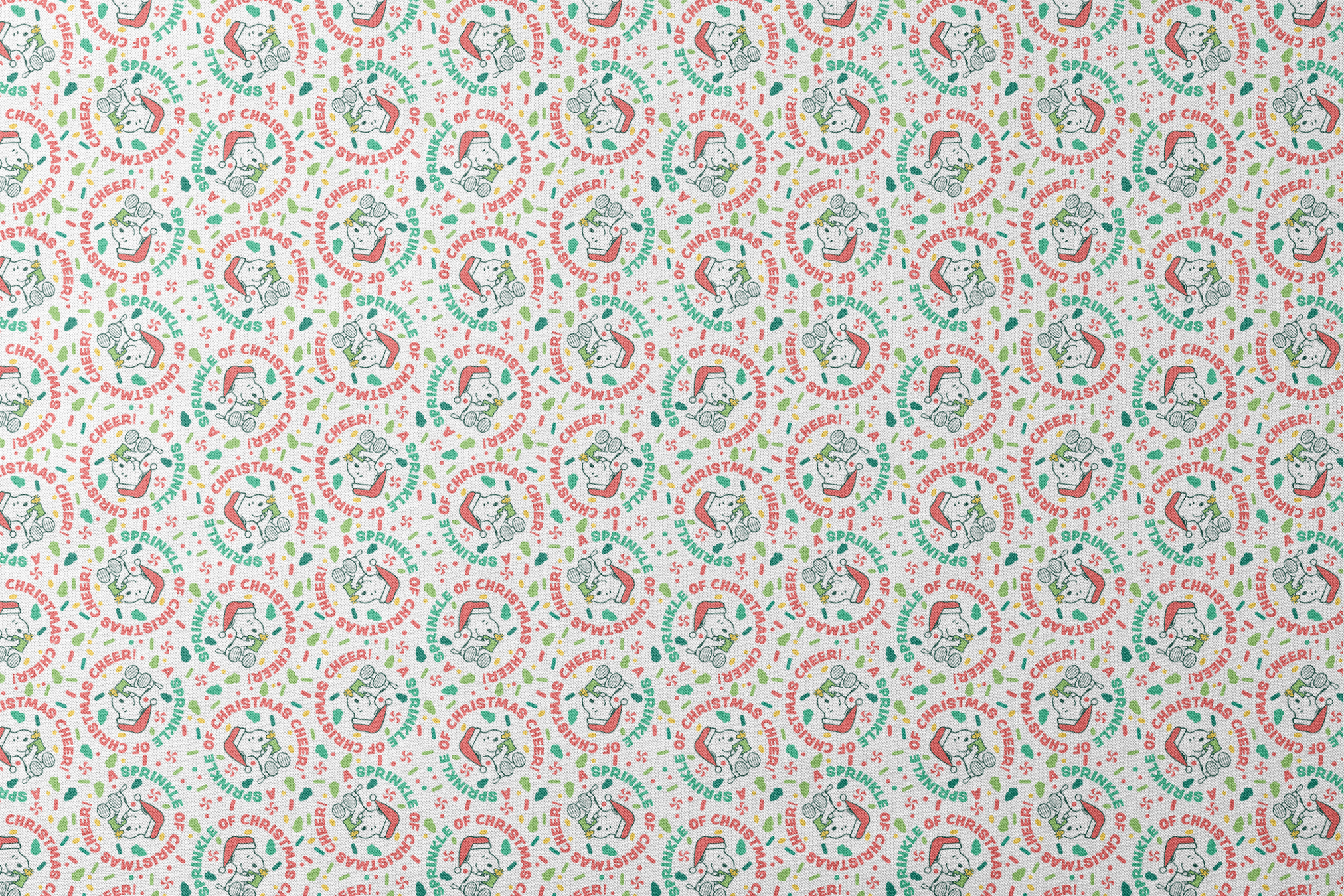 Holiday pattern with Snoopy wearing Santa hat, surrounded by "Merry Christmas", "Cheer", and candy designs on white background designs flat mockup