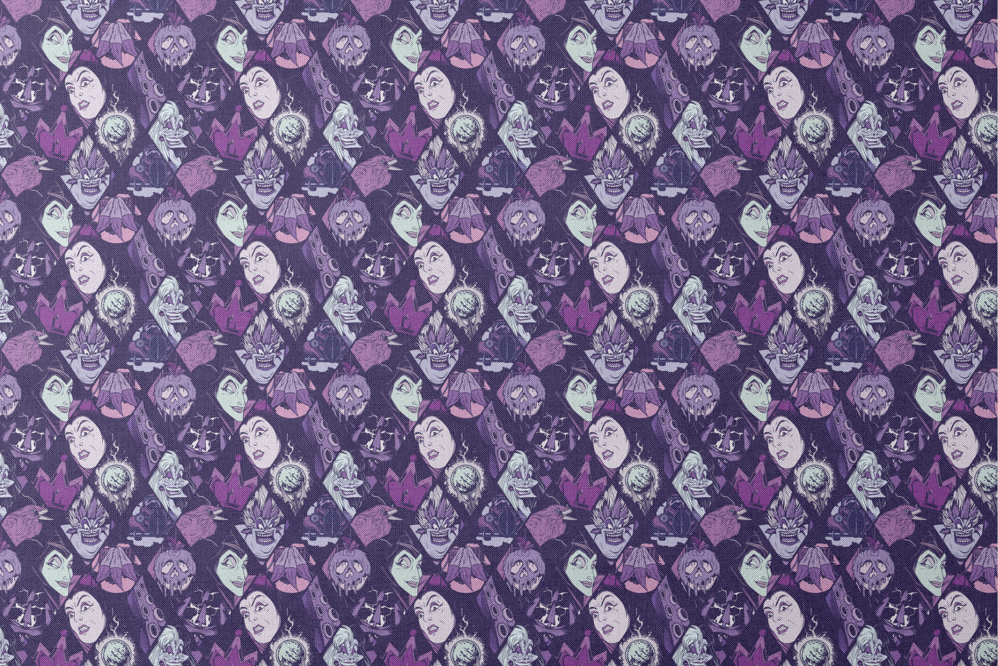 Stylized Disney villains in purple tones featuring evil queens, monsters, and creatures with sinister expressions. designs flat mockup