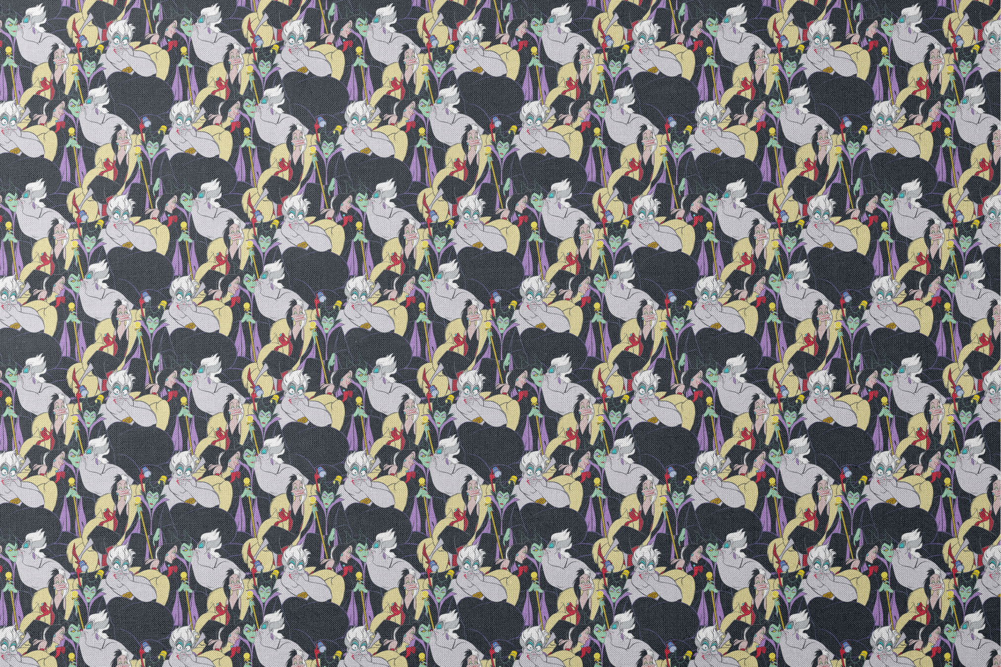 Colorful pattern of Disney villains including Ursula, Maleficent, and Cruella de Vil on dark background designs flat mockup