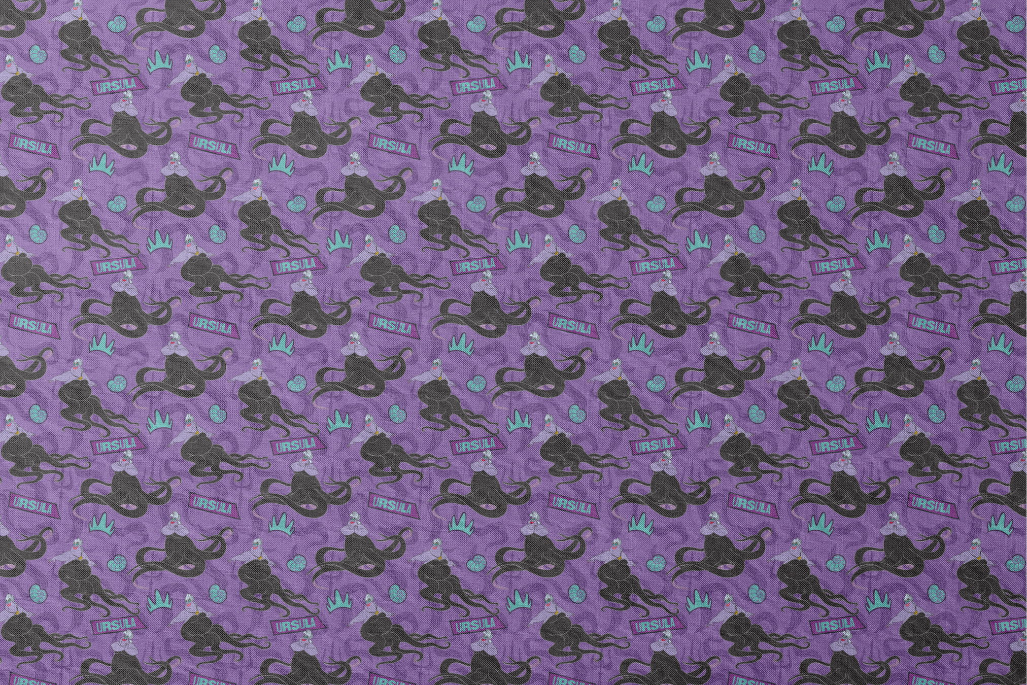 Purple background with Ursula silhouettes, tentacles, turquoise crowns, and name plates in repeating pattern designs flat mockup