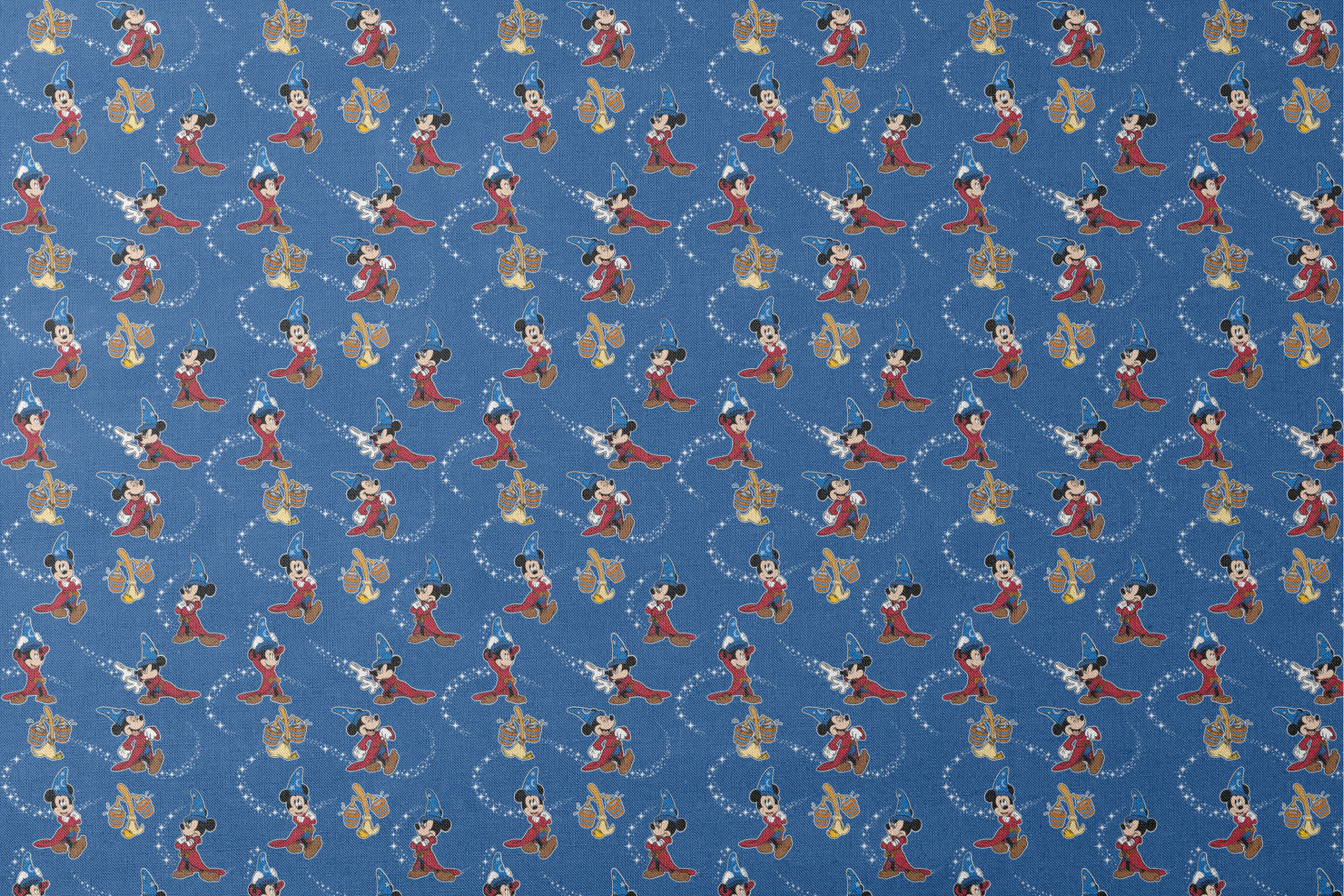 Mickey Mouse as Fantasia's Sorcerer's Apprentice in various poses with magic stars on blue background. designs flat mockup