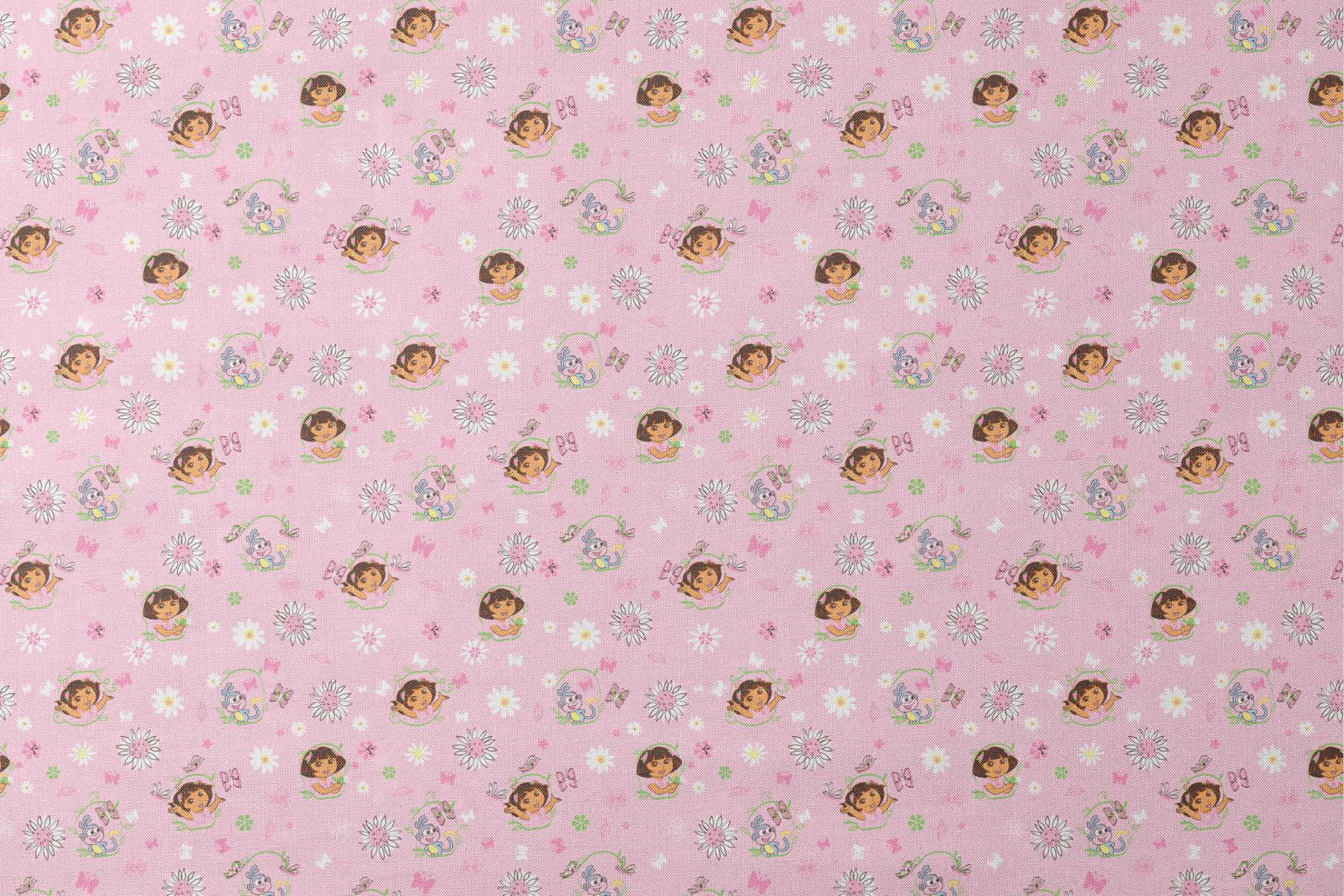 Pink background with Dora the Explorer characters, white daisies and purple butterflies scattered throughout designs flat mockup