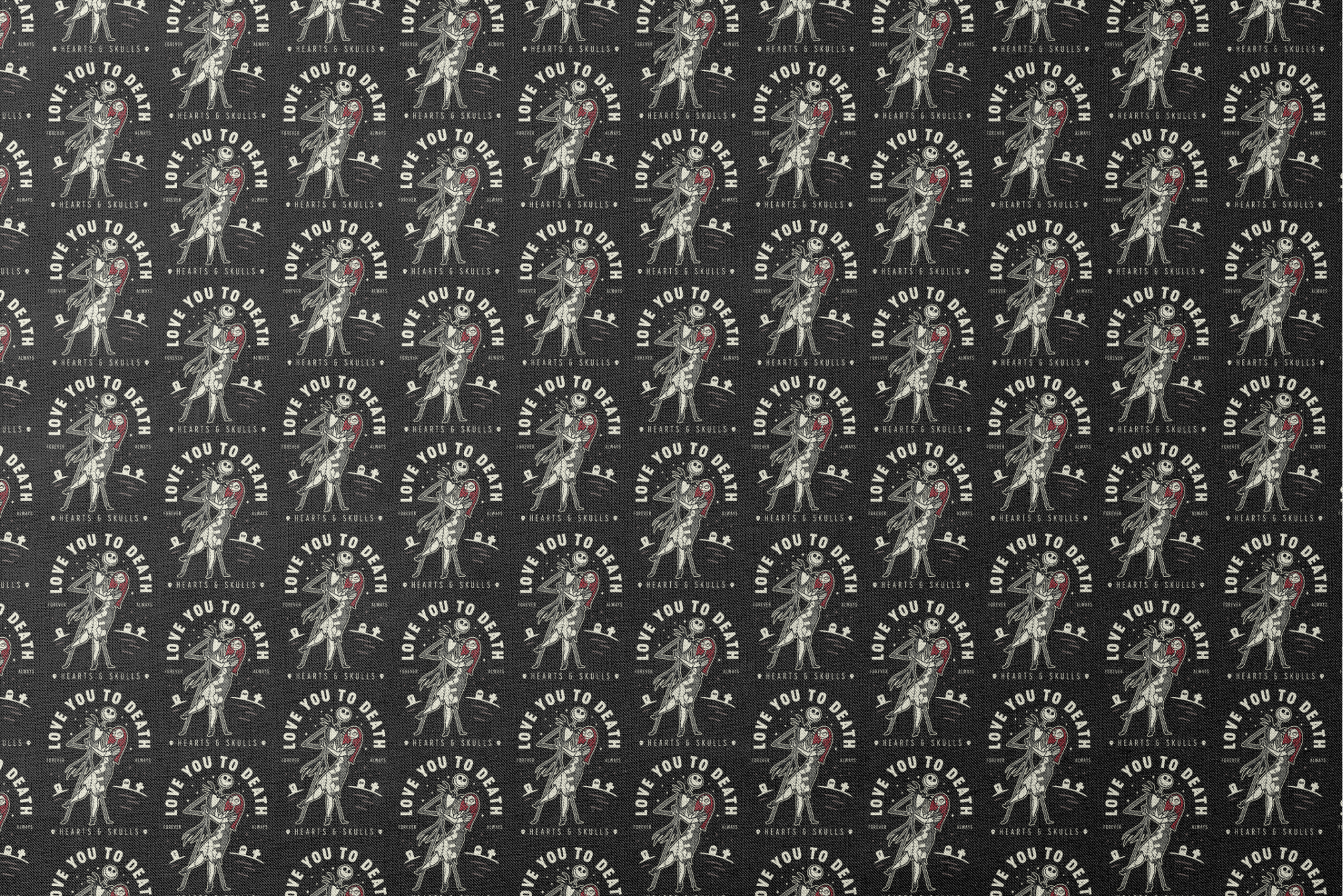 Repeating pattern of skeletal figures holding red hearts with "LOVE YOU TO DEATH" text on black background designs flat mockup