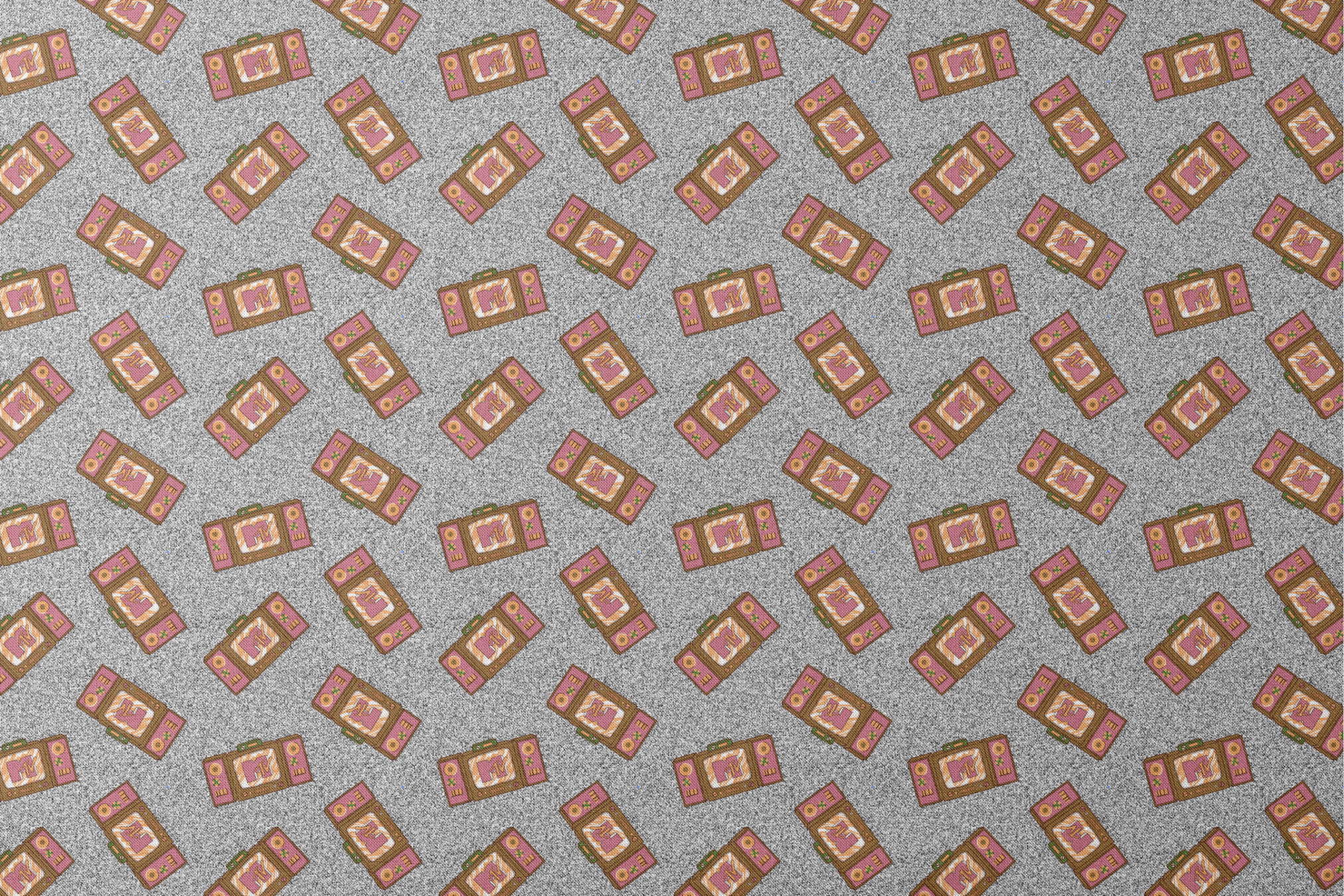 Pink and brown retro televisions with the MTV logo over a grainy gray static background in a scattered repeat. designs flat mockup