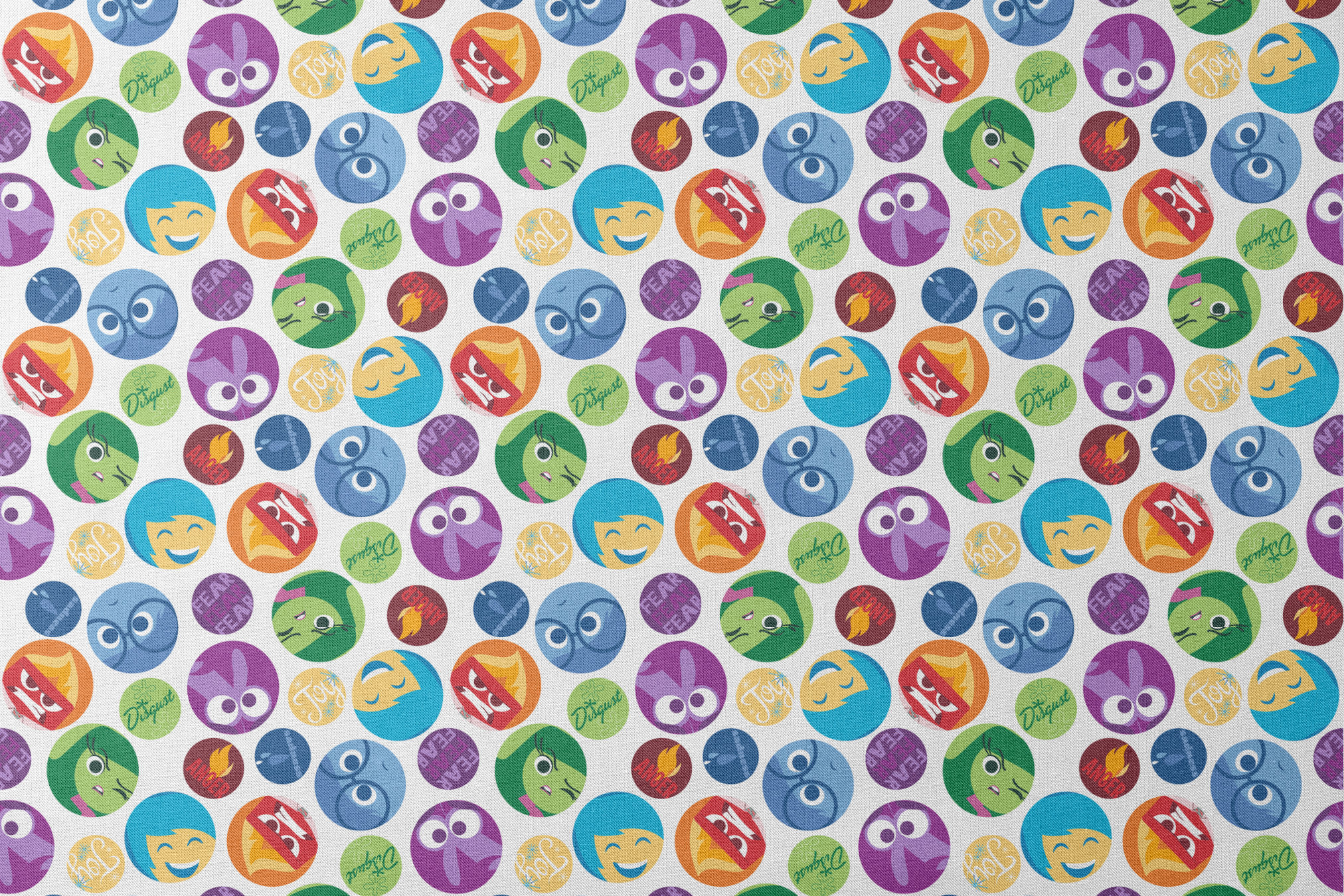 Colorful Inside Out character circles with various expressions in purple, green, blue, yellow, and red designs flat mockup