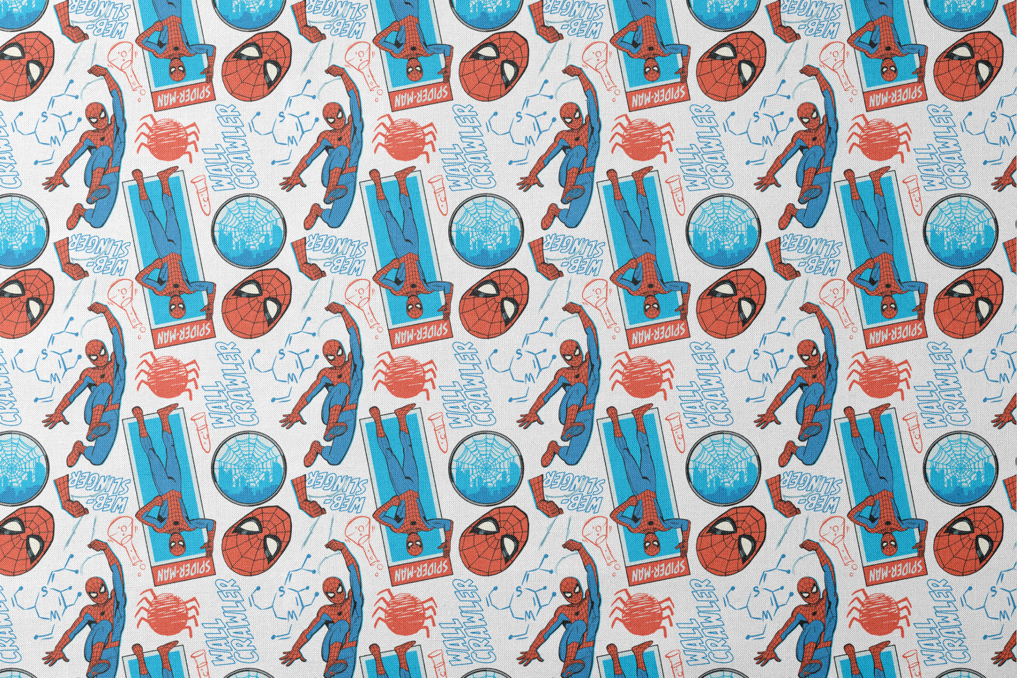 Comic-style Spider-Man pattern with red and blue figures in various poses, spider symbols, and text on white background designs flat mockup
