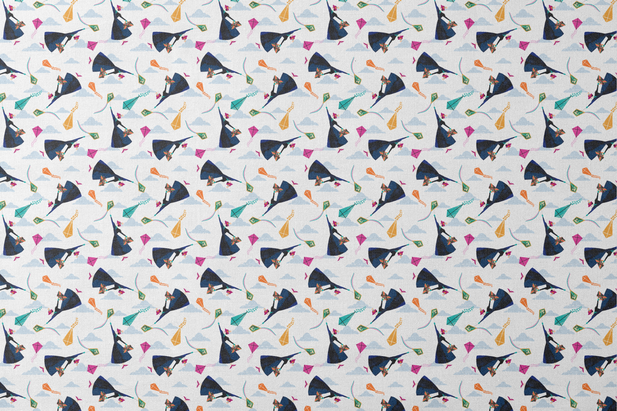 Colorful kites in orange, pink, and green along with Mary Poppins flying in a cloudy blue sky designs flat mockup