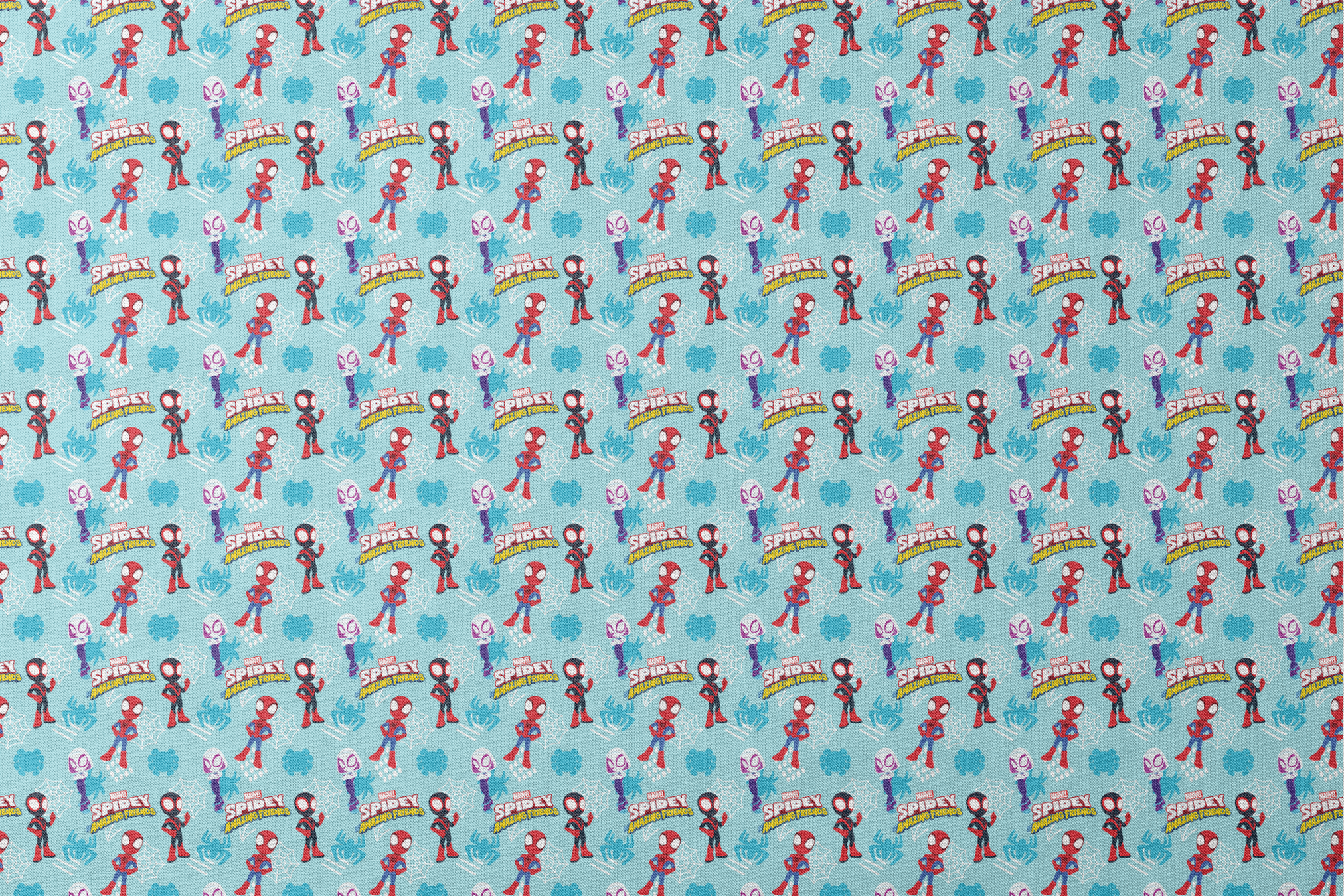 Marvel Spider-Man cartoon characters on blue background with spider webs and logos, featuring different Spider-Man costume variants. designs flat mockup