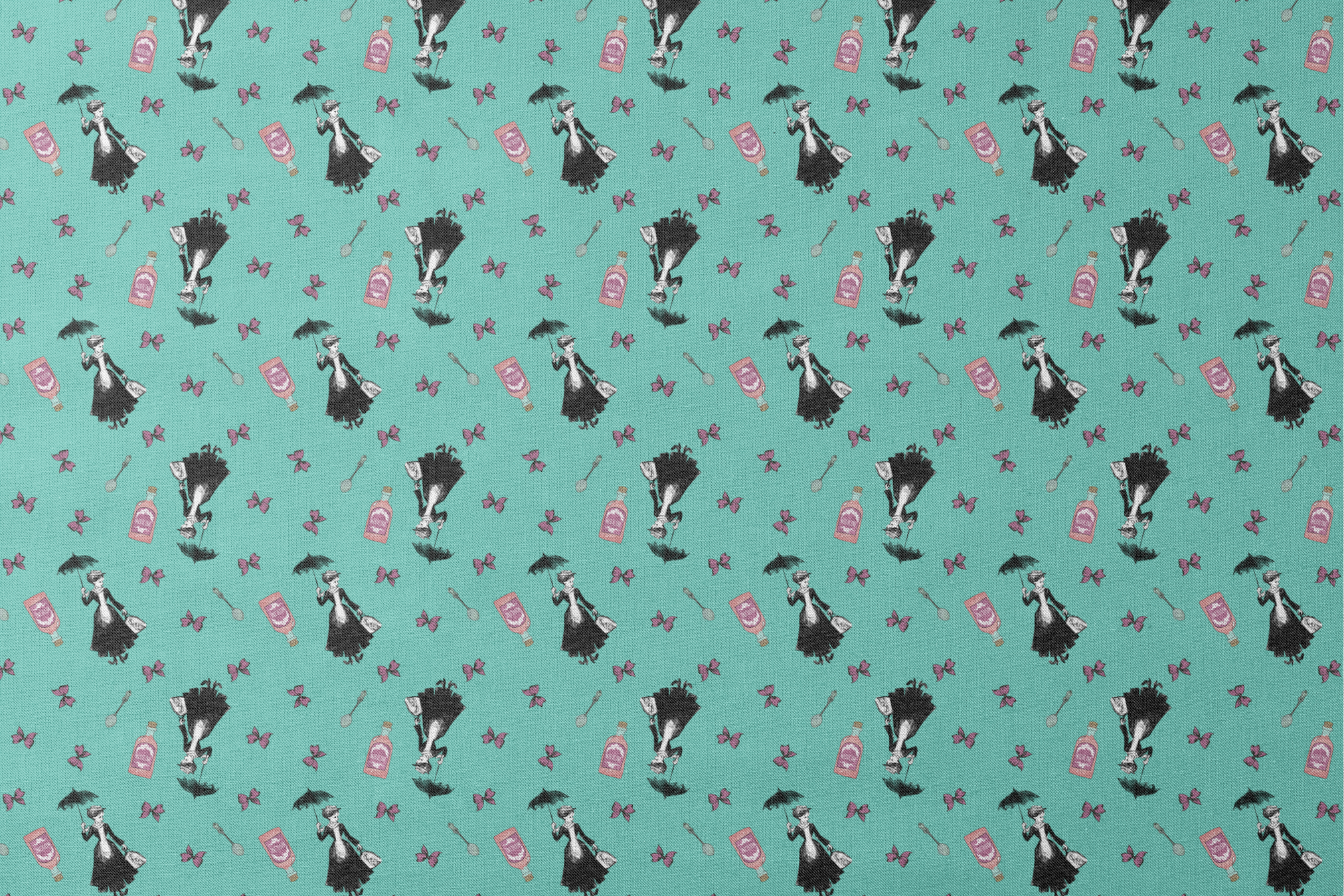 Whimsical illustration pattern with Mary Poppins holding umbrella, pink bottles, and purple butterflies on mint green background. designs flat mockup