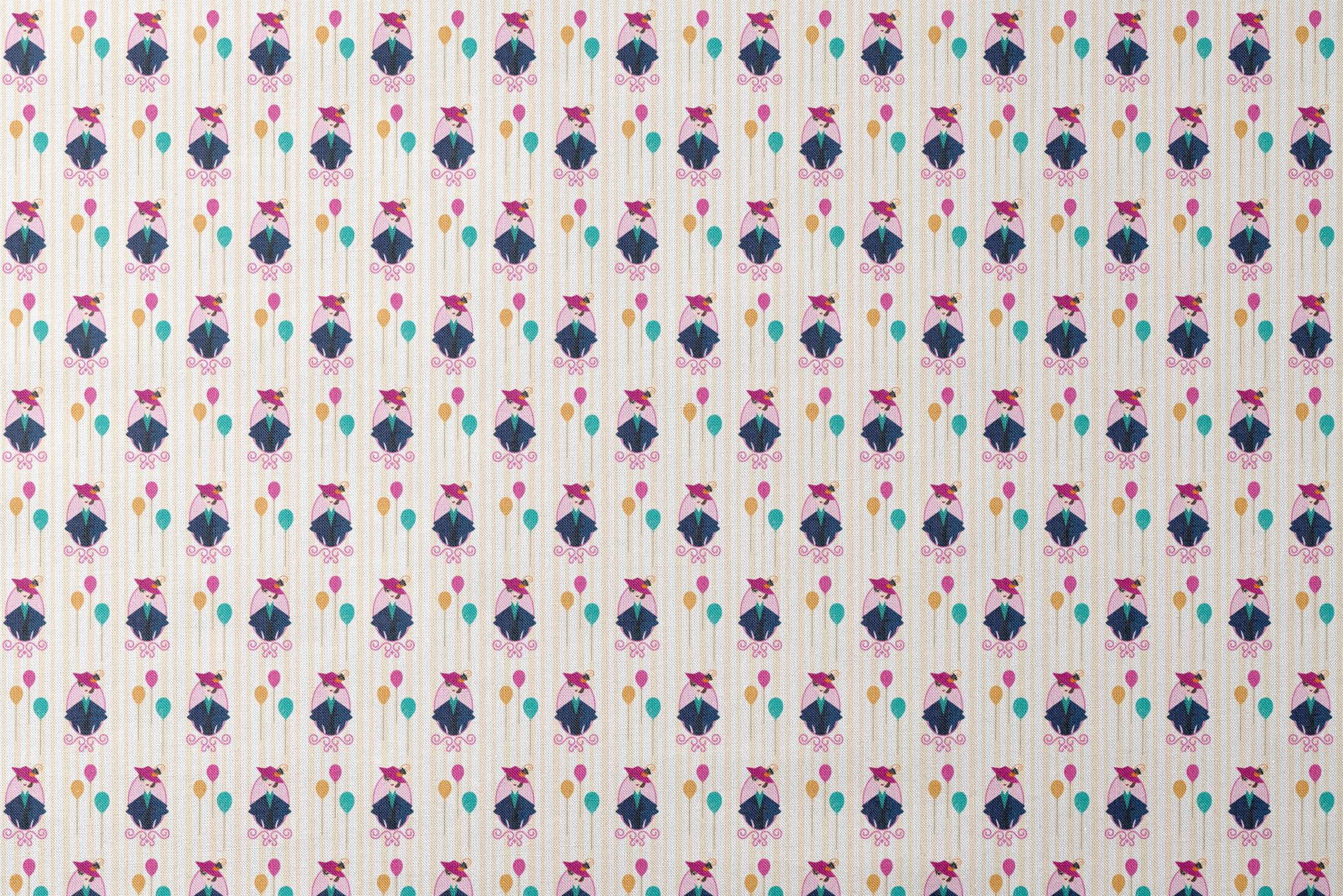 Mary Poppins displayed in decorative frames with colorful balloons against striped background designs flat mockup