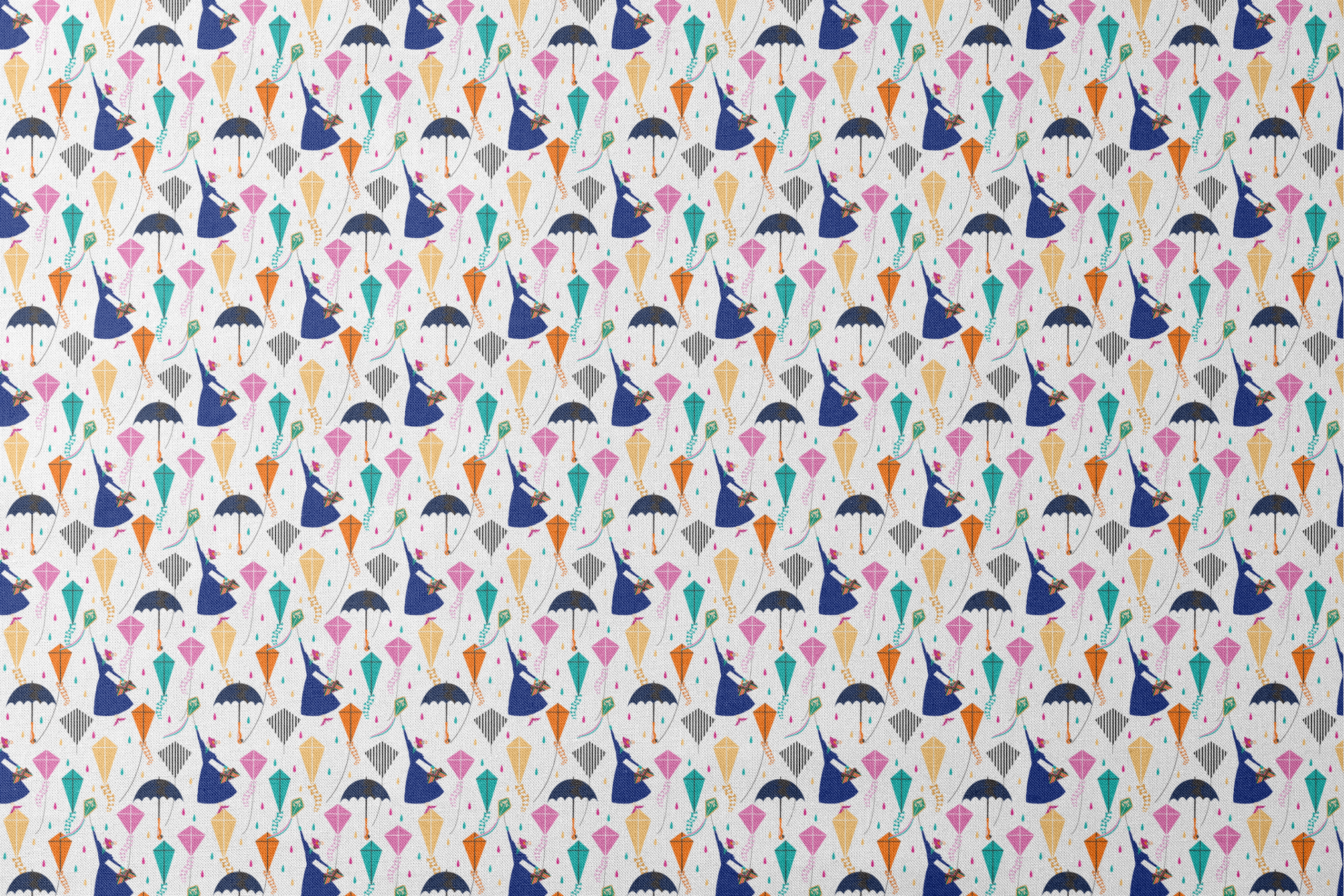 Colorful Mary Poppins pattern with umbrellas, featuring pink, orange, turquoise kites and navy umbrellas on white background designs flat mockup