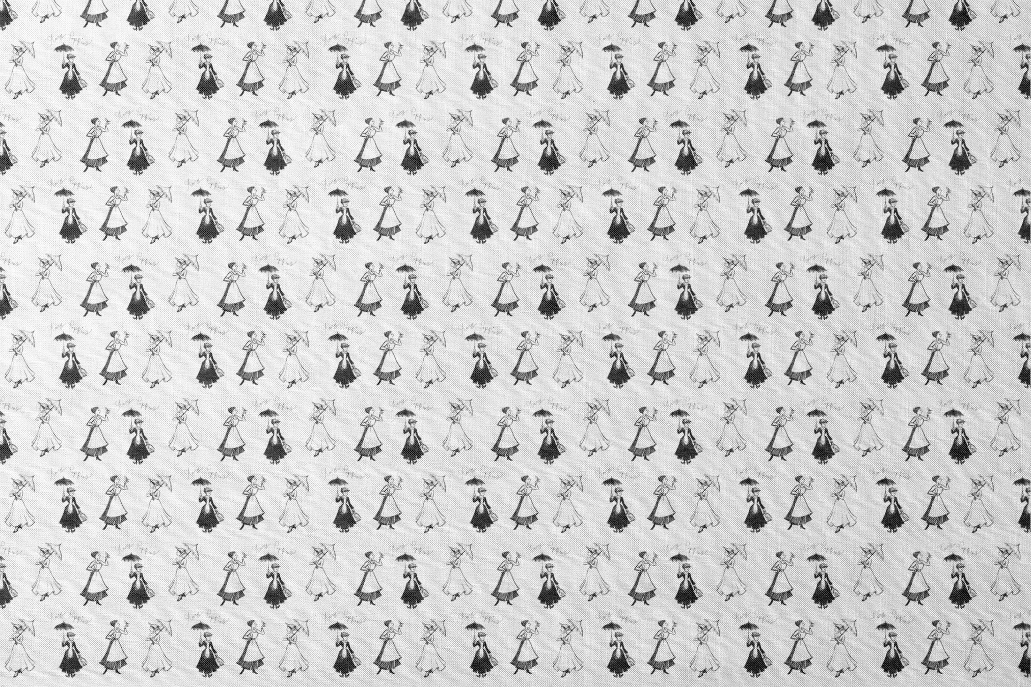 Sketchy illustration pattern of Mary Poppins, shown in various poses in black and white designs flat mockup