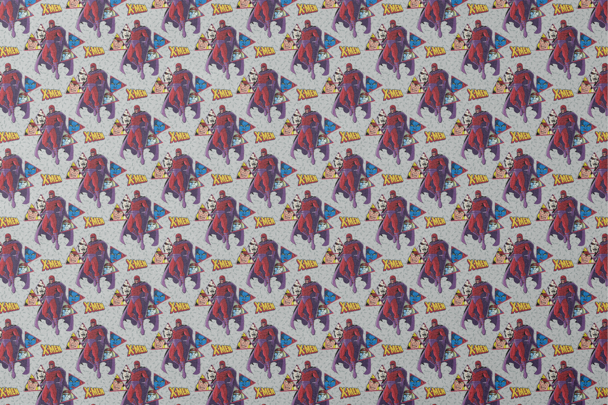 X-Men comic pattern with Magneto in purple and red costume against gray background with character portraits designs flat mockup