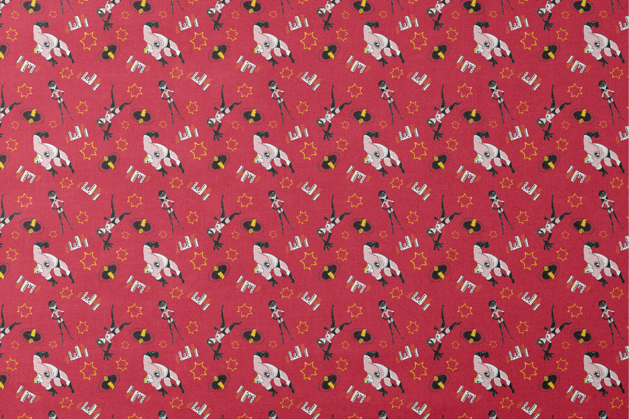 Red background pattern with The Incredibles, yellow stars, and comic book style graphic elements designs flat mockup