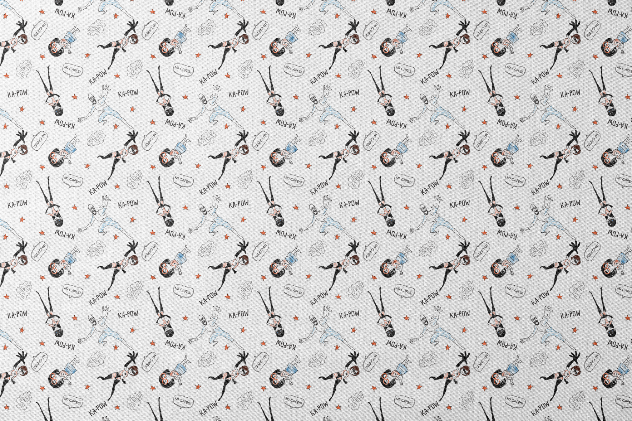 The Incredibles in dynamic poses with comic book sound effects like "KA-POW" on white background with orange stars designs flat mockup