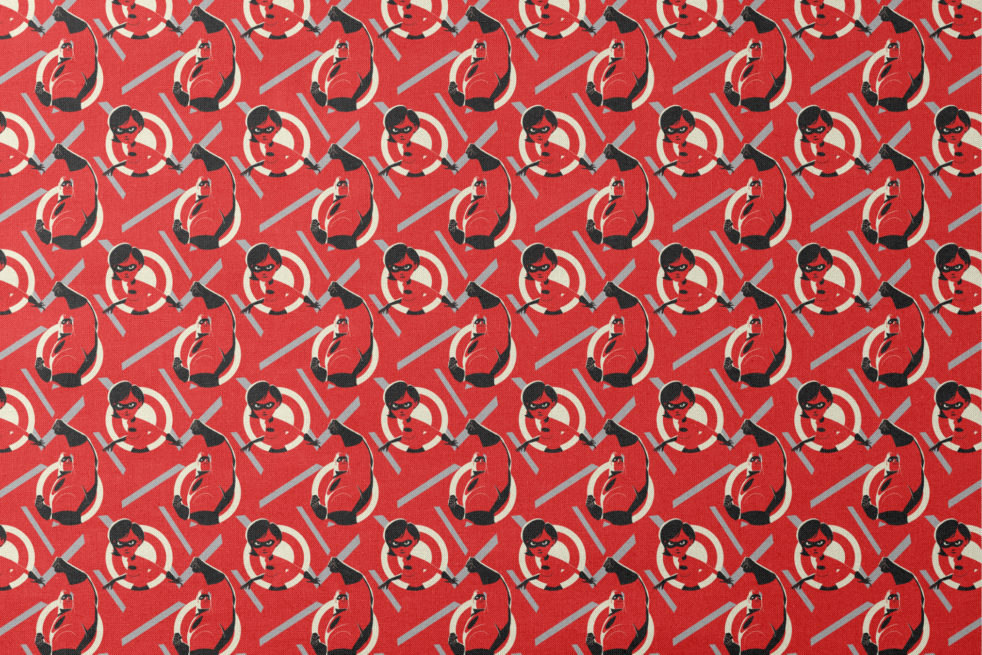 Stylized Incredibles characters in red, black and white with a dynamic pose against spiral background pattern. designs flat mockup