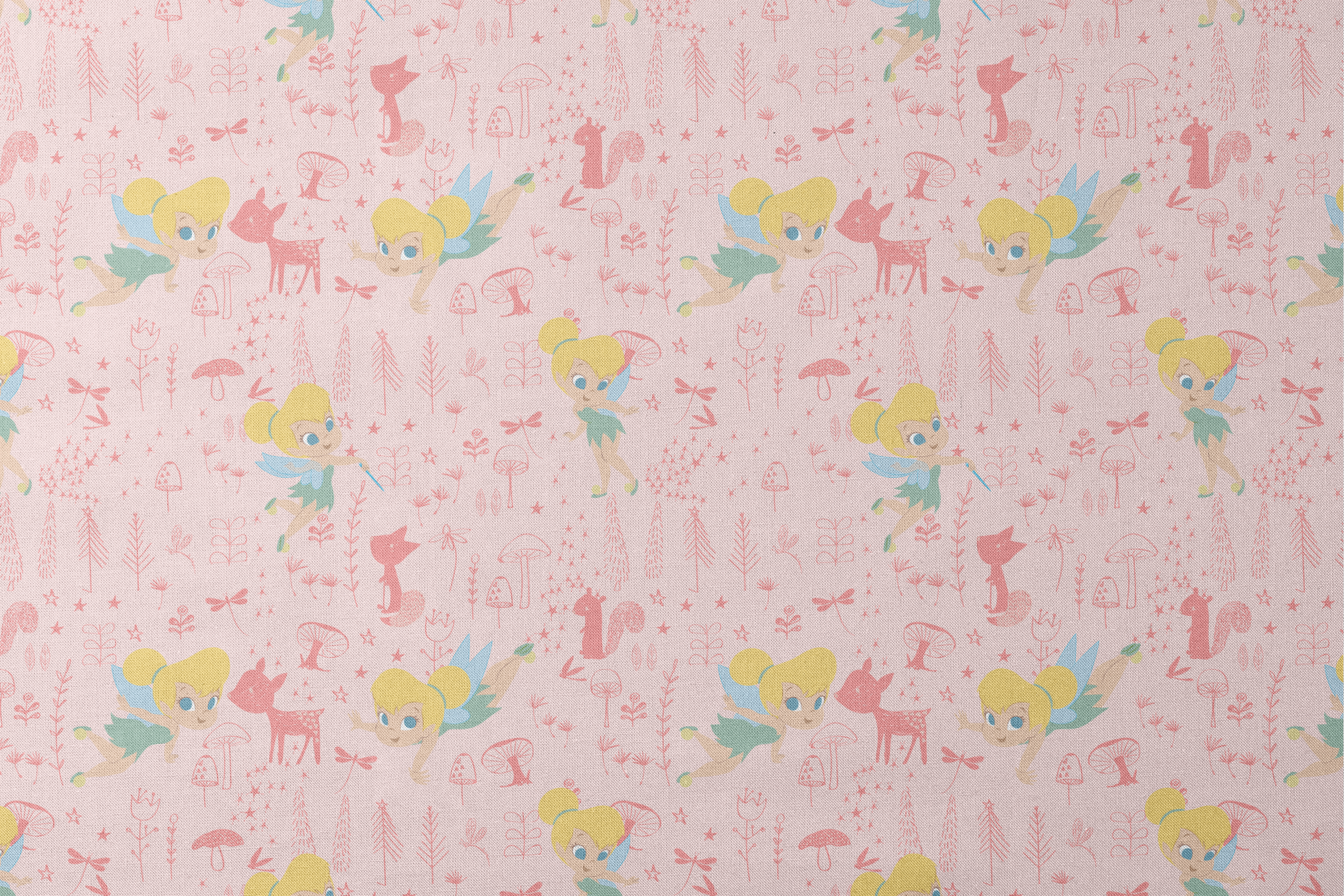Pink whimsical pattern with cartoon fairy characters, forest animals, mushrooms, and plants in pastel colors designs flat mockup