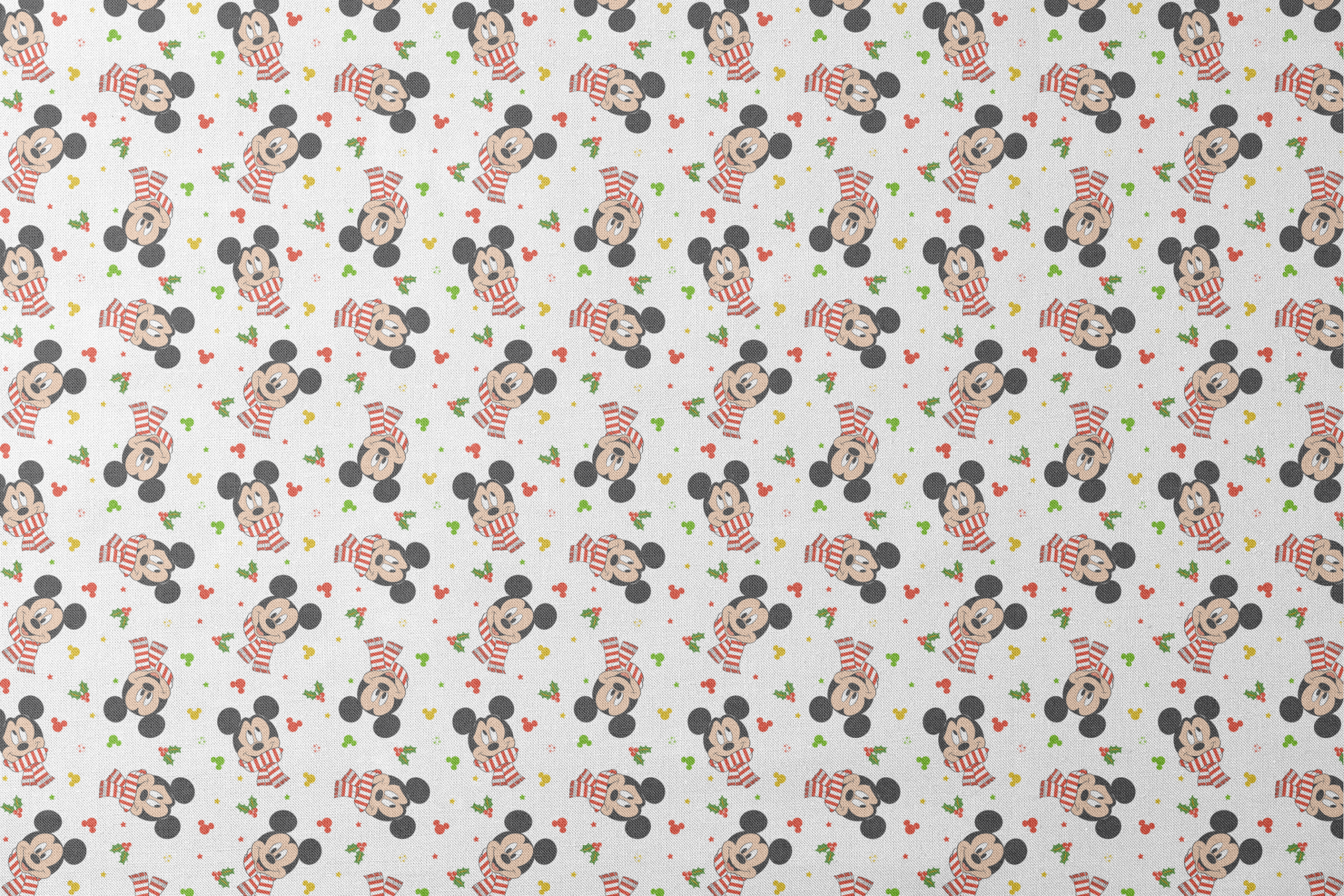 Mickey Mouse wearing red striped scarves, surrounded by holly and colorful icons on white background designs flat mockup