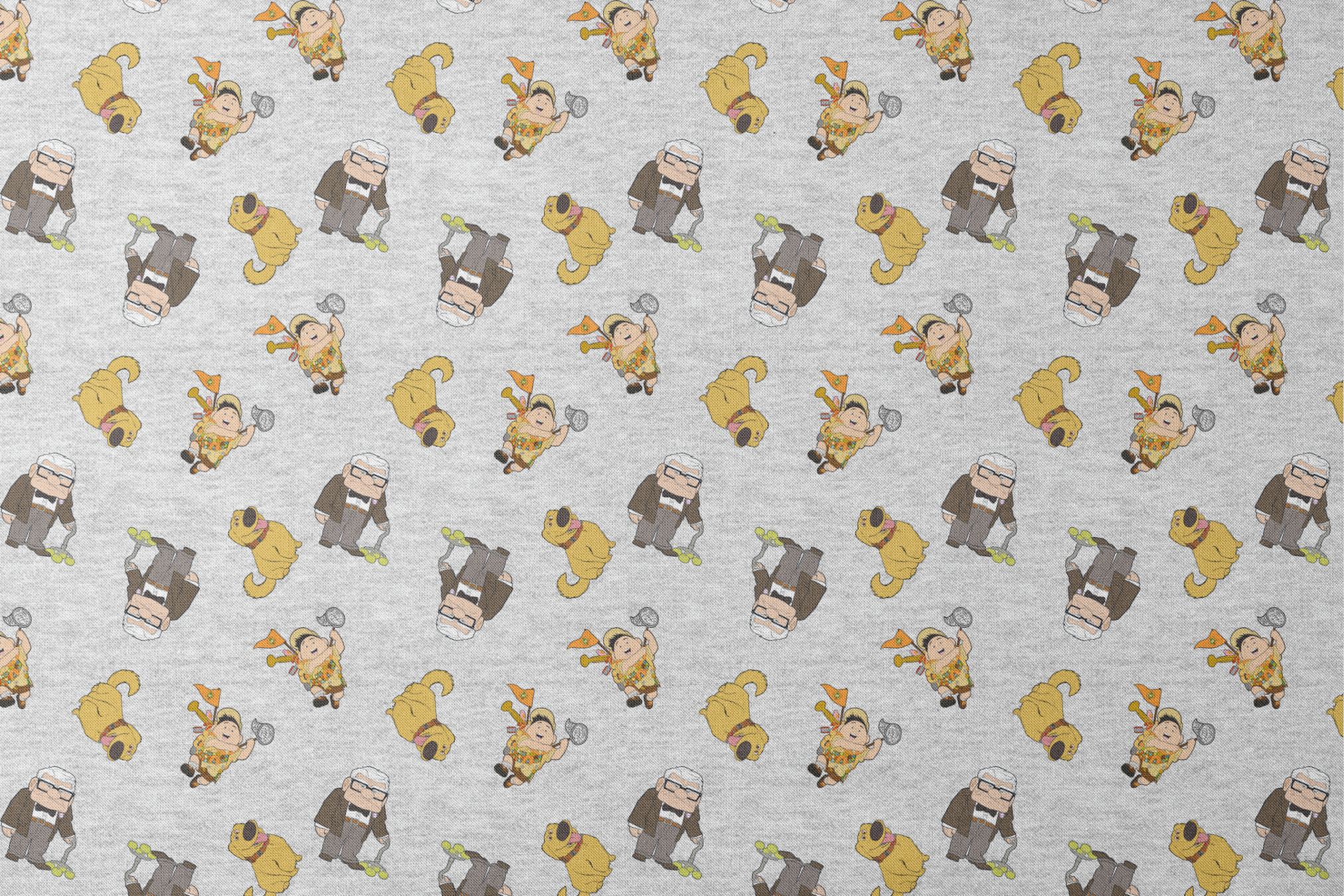 Cartoon characters from Disney's "Up" including Carl, Russell, and Dug on light gray background designs flat mockup