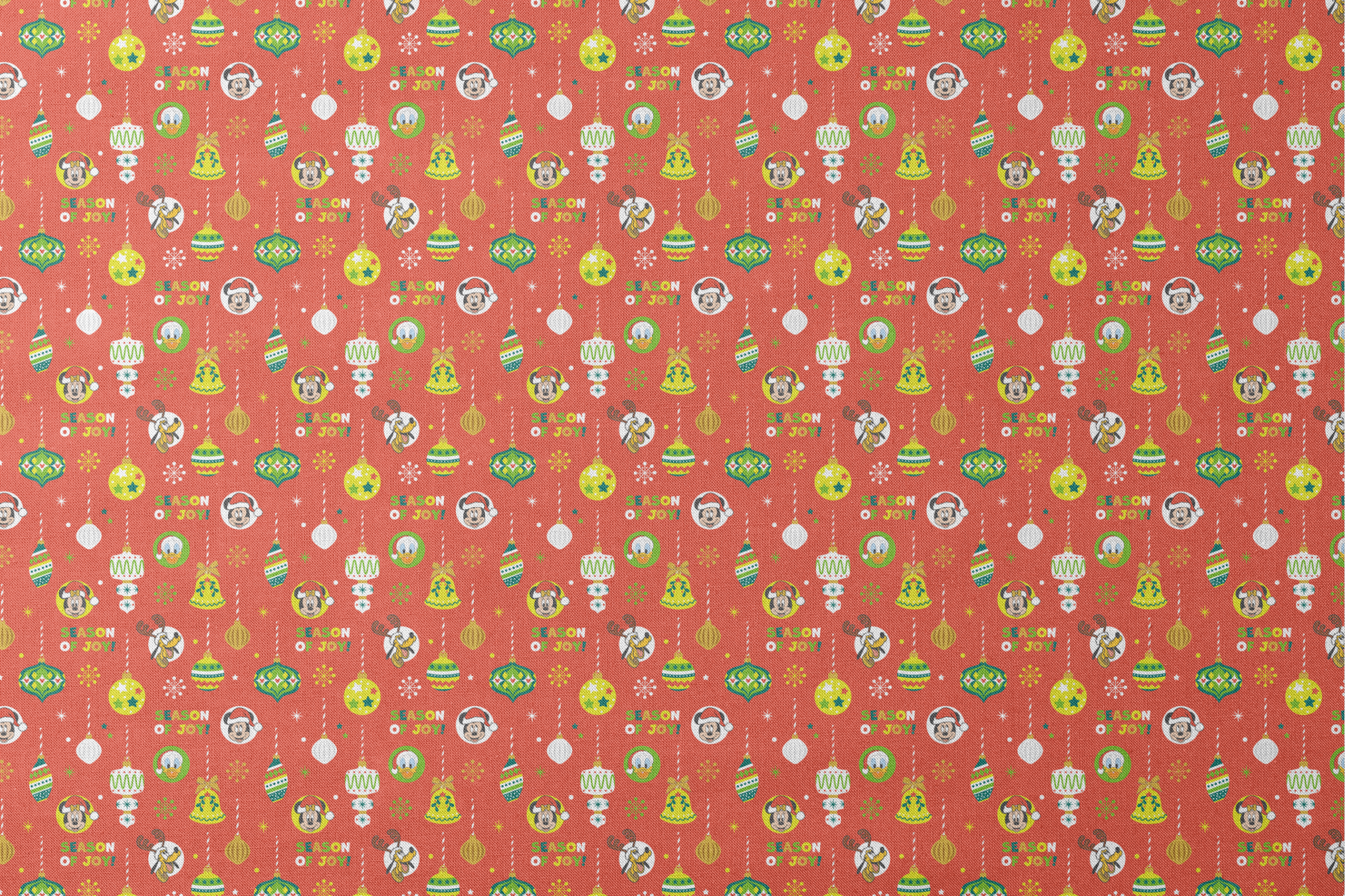 Christmas ornament pattern with colorful baubles, bells, snowflakes and Mickey Mouse characters on bright red background designs flat mockup