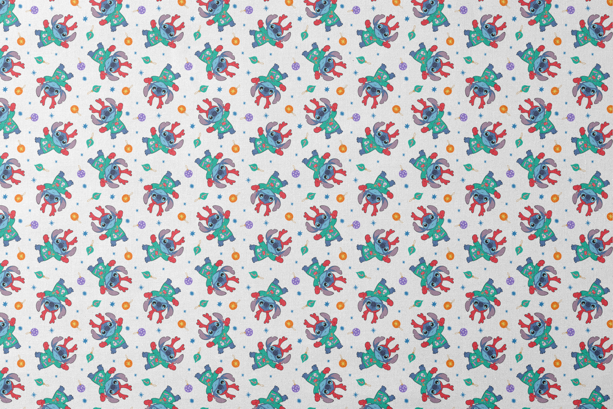 Disney's Stitch wearing green Christmas sweater and red scarf in repeating pattern with ornaments and stars. designs flat mockup