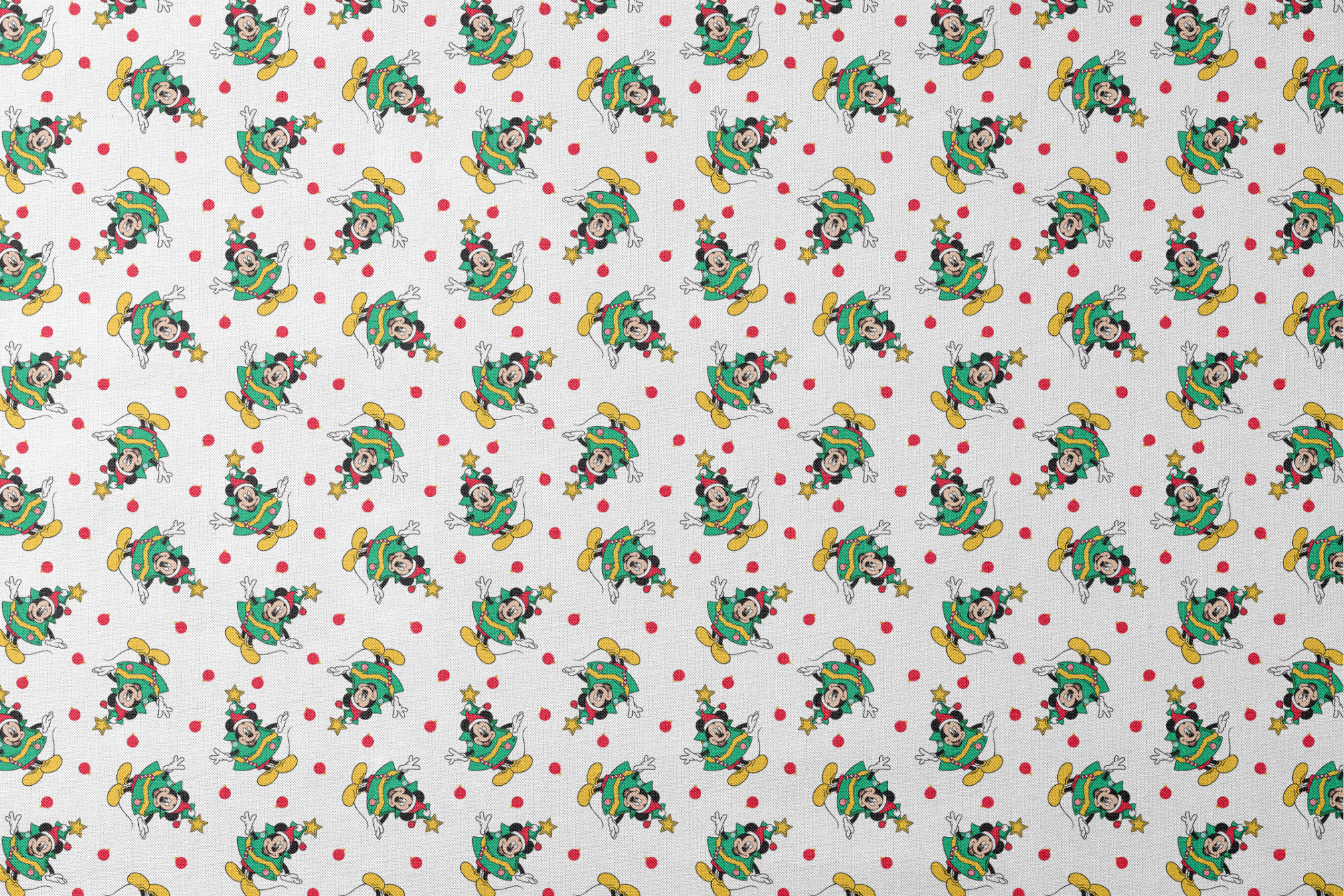 Mickey Mouse in a Christmas tree costume and stars on white background with red dots designs flat mockup