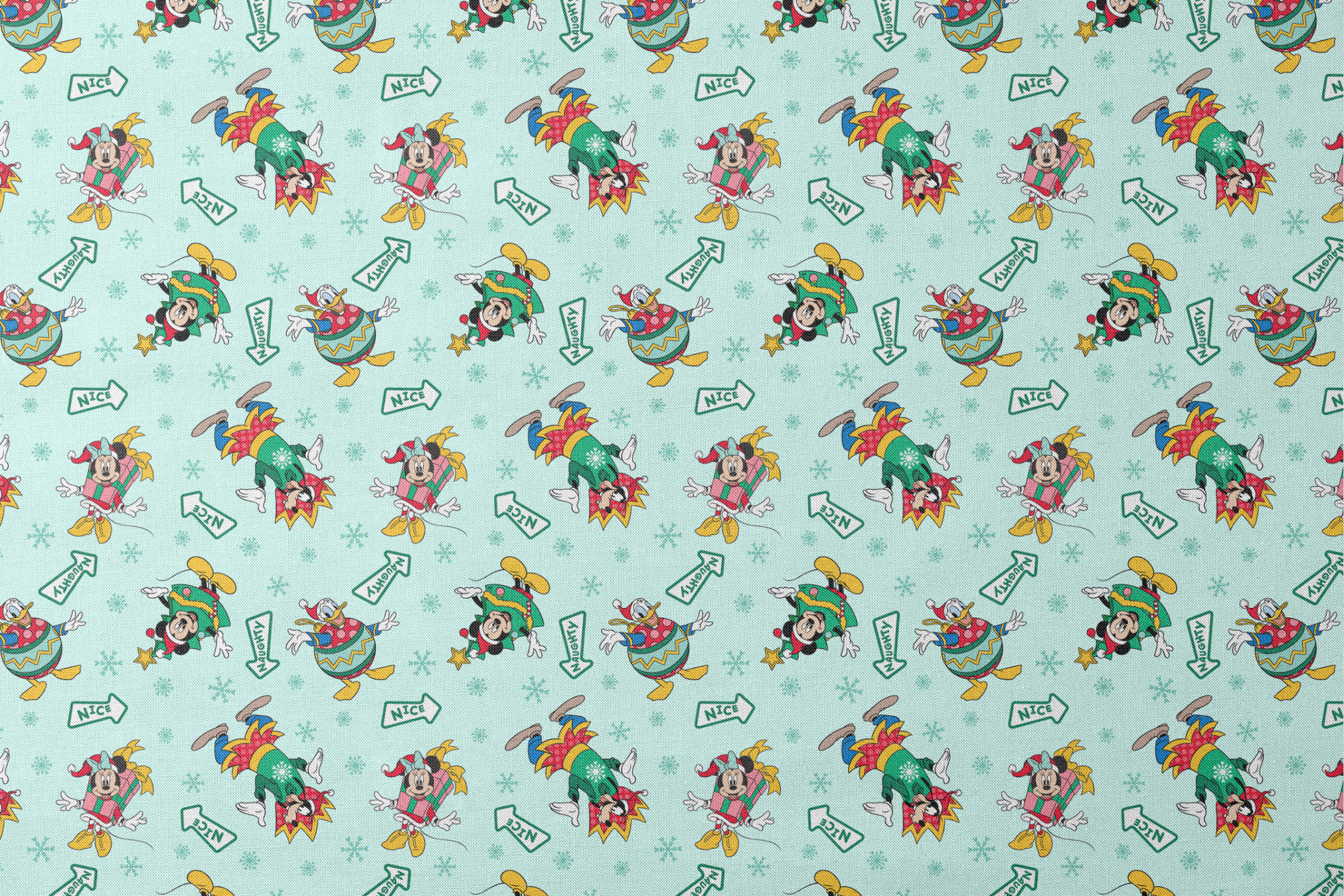 Disney character pattern with Minnie and Mickey in festive holiday outfits on light blue background with snowflakes and "Nice" signs. designs flat mockup