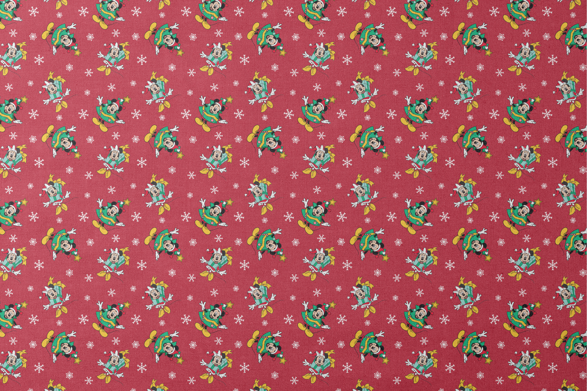 Disney characters in holiday outfits on red background with white snowflakes designs flat mockup