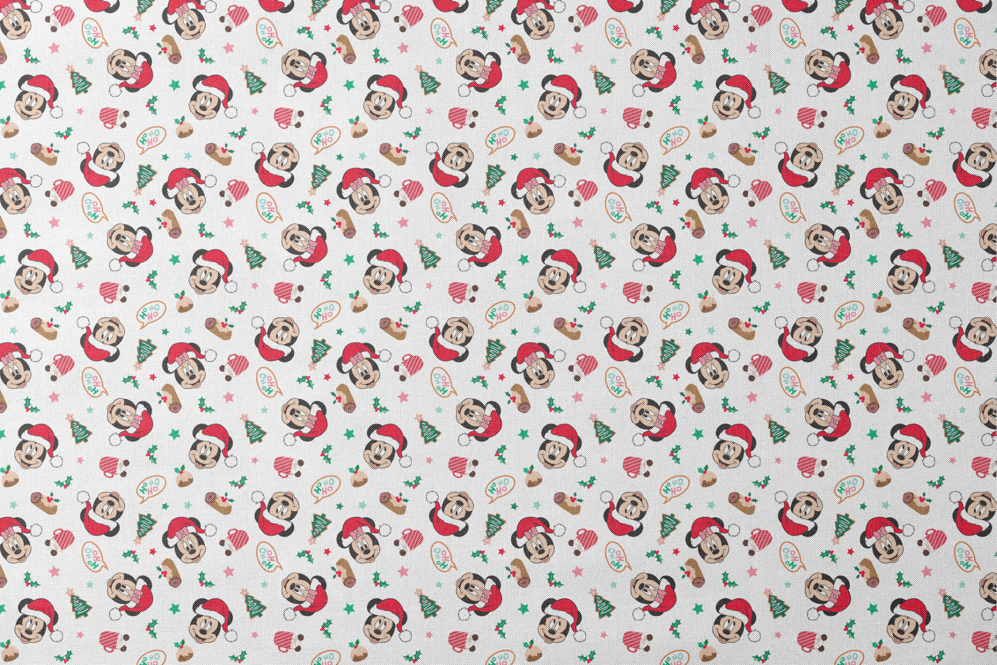 Mickey Mouse Christmas pattern with Santa hats, holly, speech bubbles, and festive decorations on white background designs flat mockup