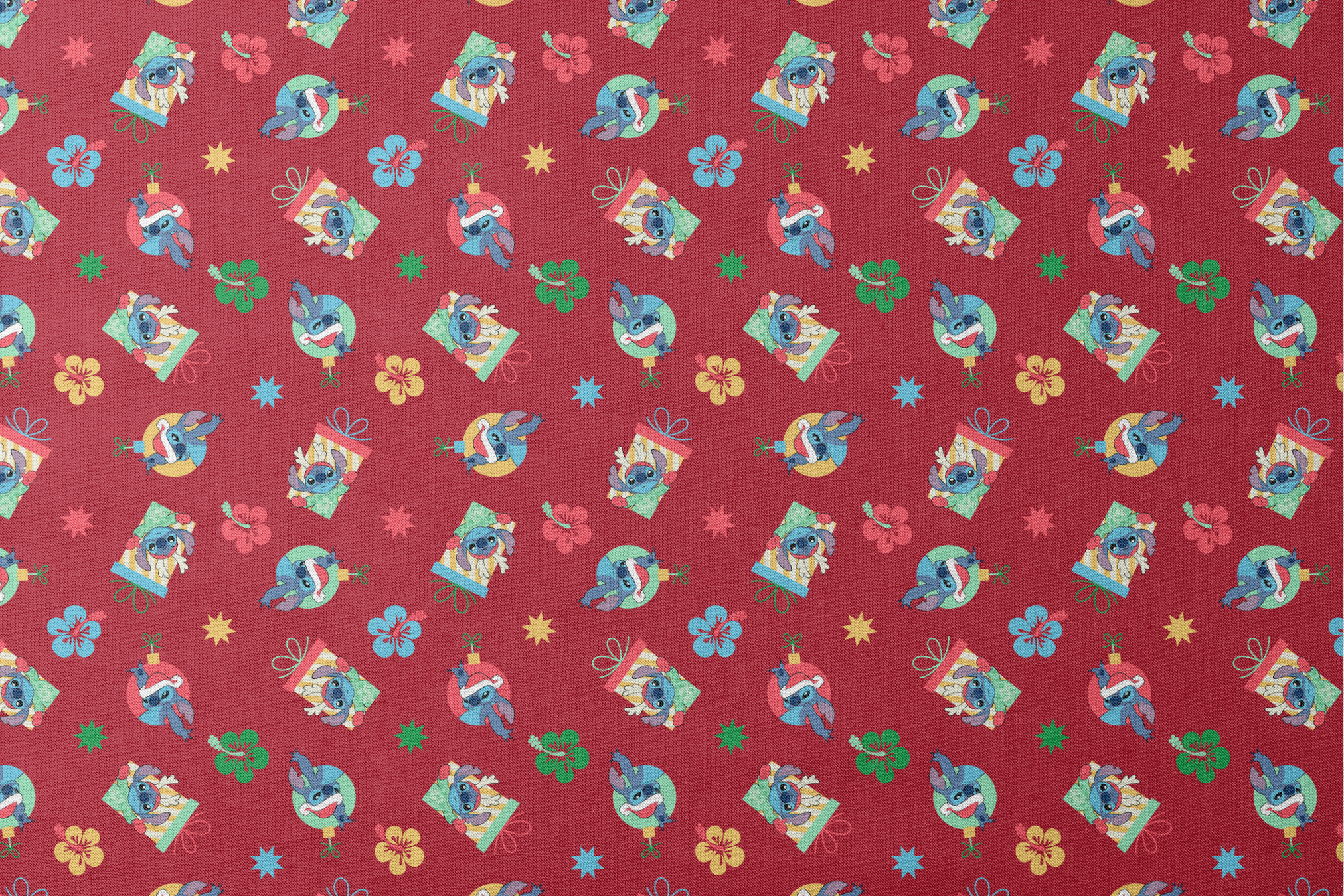 Disney Stitch pattern on red background with flowers and decorative elements designs flat mockup