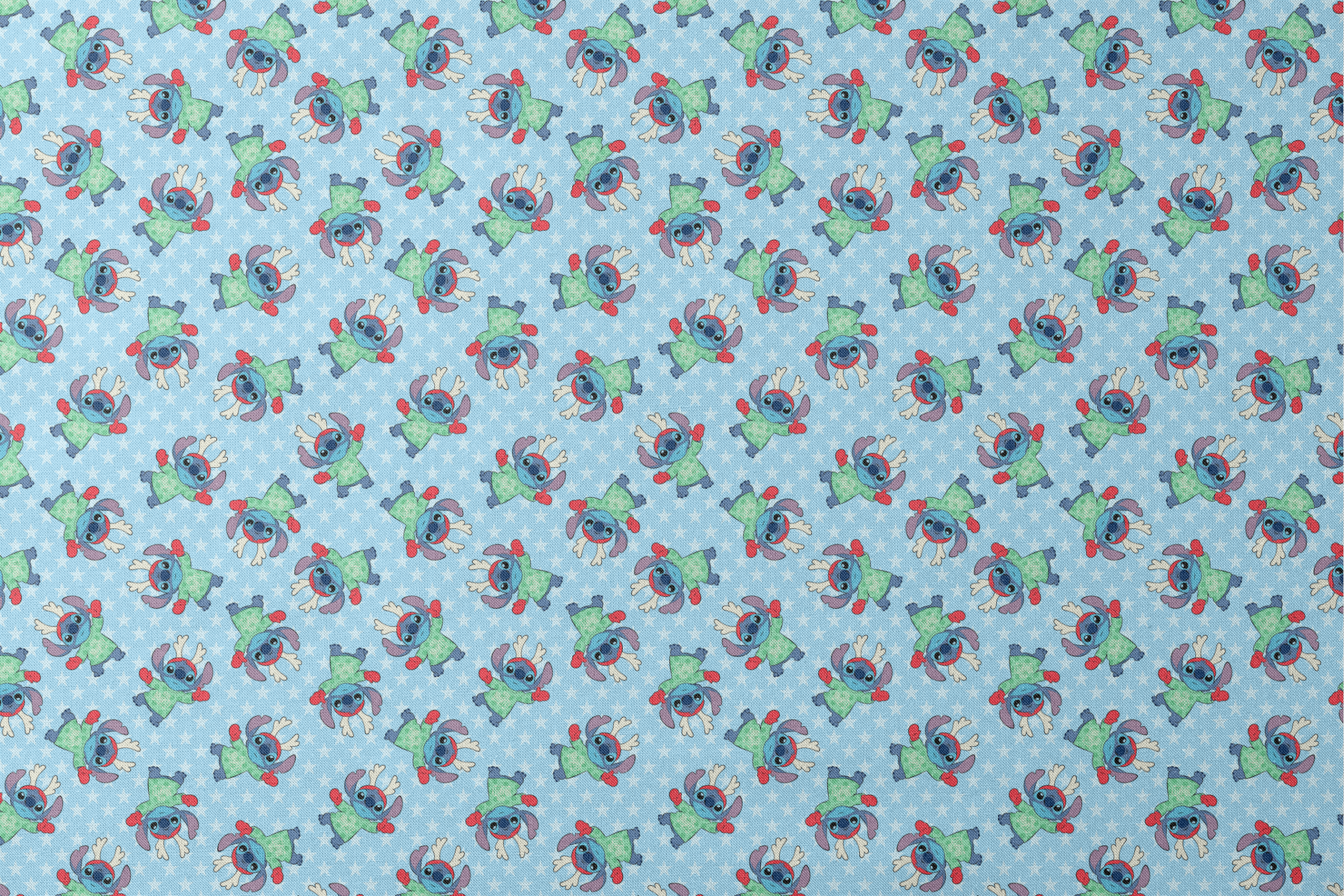 A repeating pattern of Disney's Stitch in holiday outfits with Christmas trees on light blue snowflake background. designs flat mockup