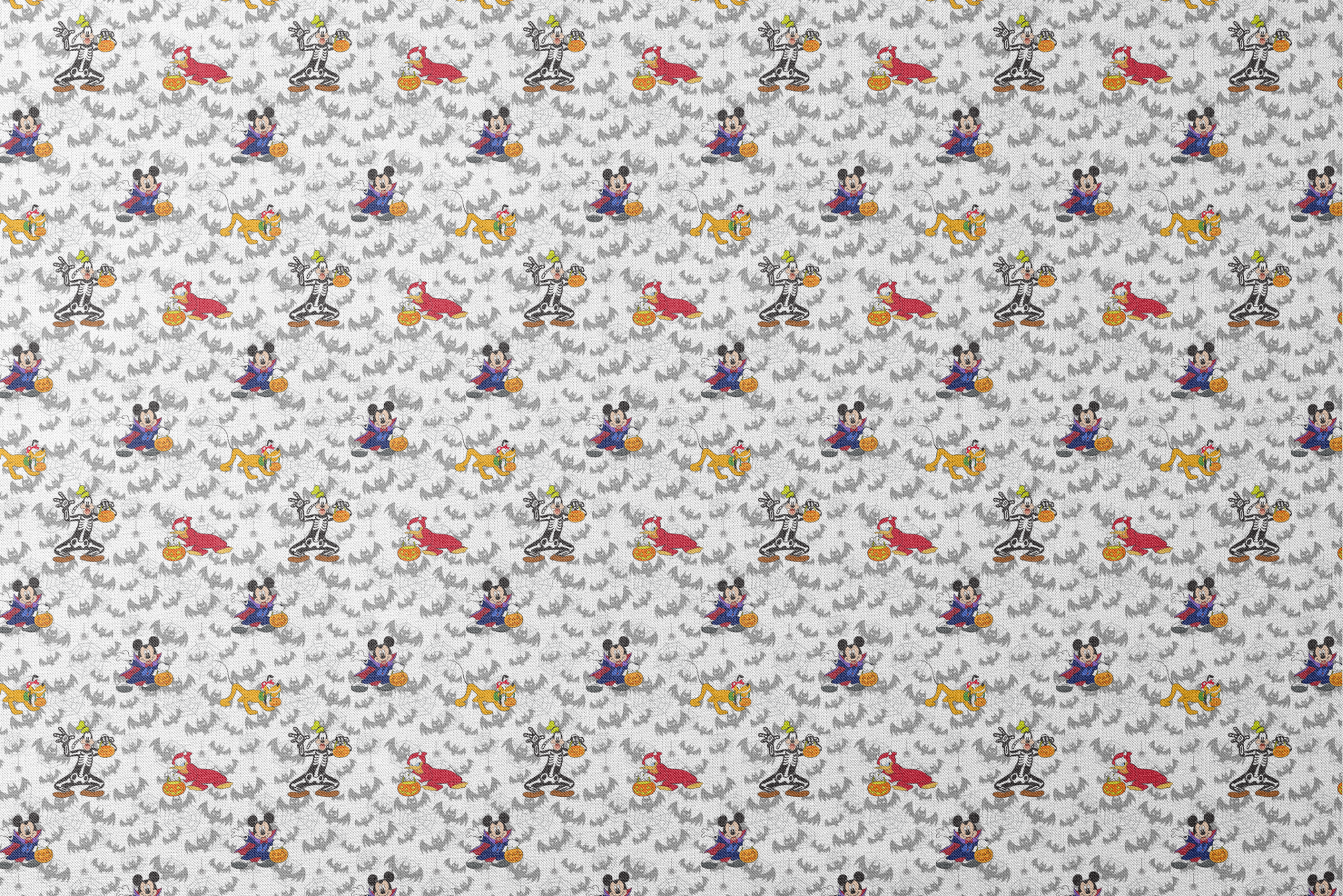 Disney cartoon characters in Halloween costumes with pumpkins on bat pattern background designs flat mockup