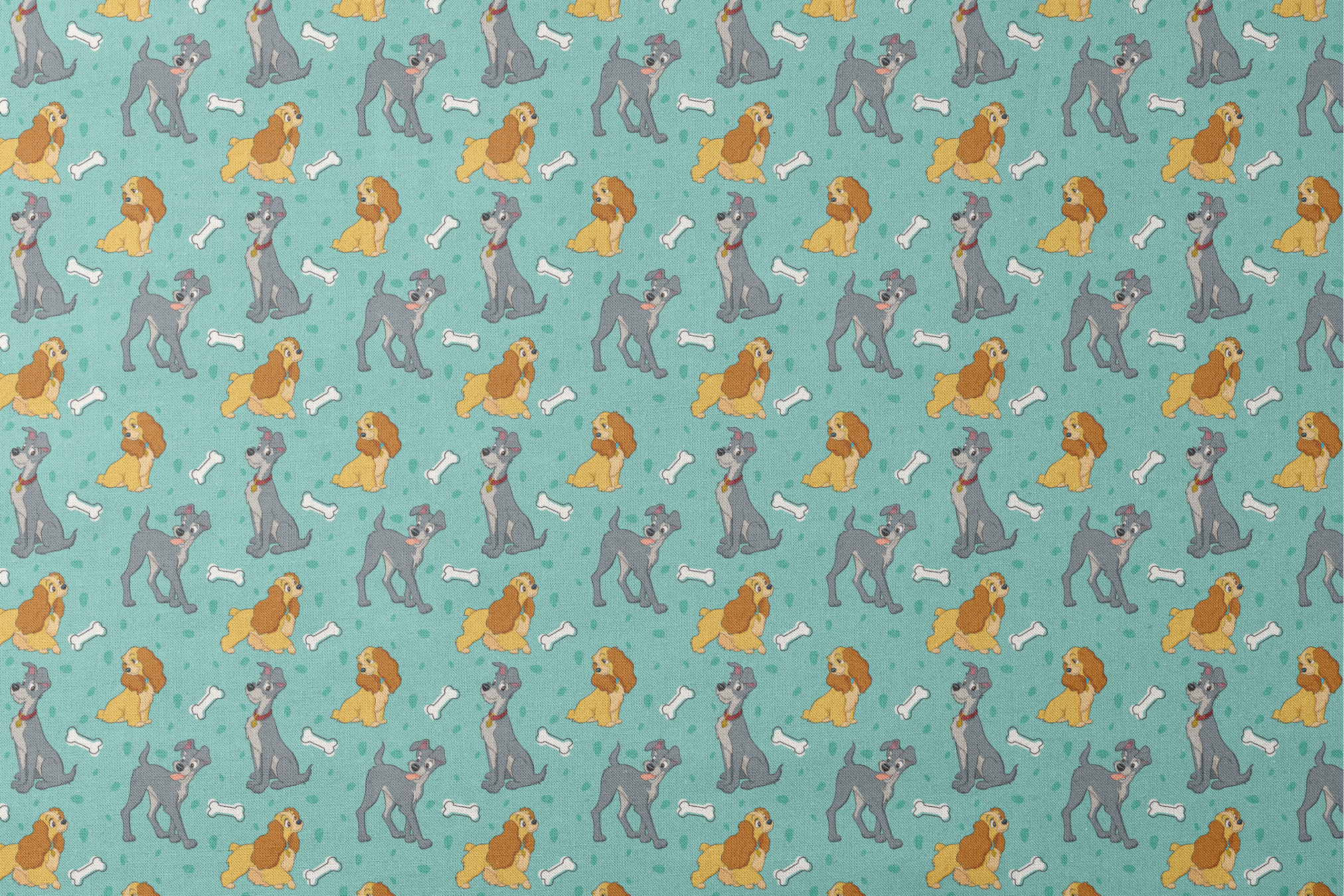 Cartoon pattern of gray dogs and golden cocker spaniels with white bones on turquoise background designs flat mockup